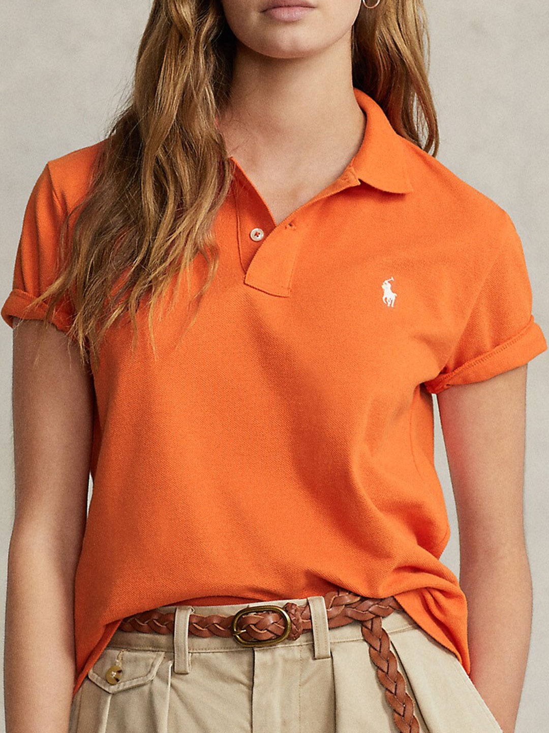 

Polo Ralph Lauren Brand Logo Embroidered Pure Cotton Classic Fit Mesh Polo T-Shirt, Orange