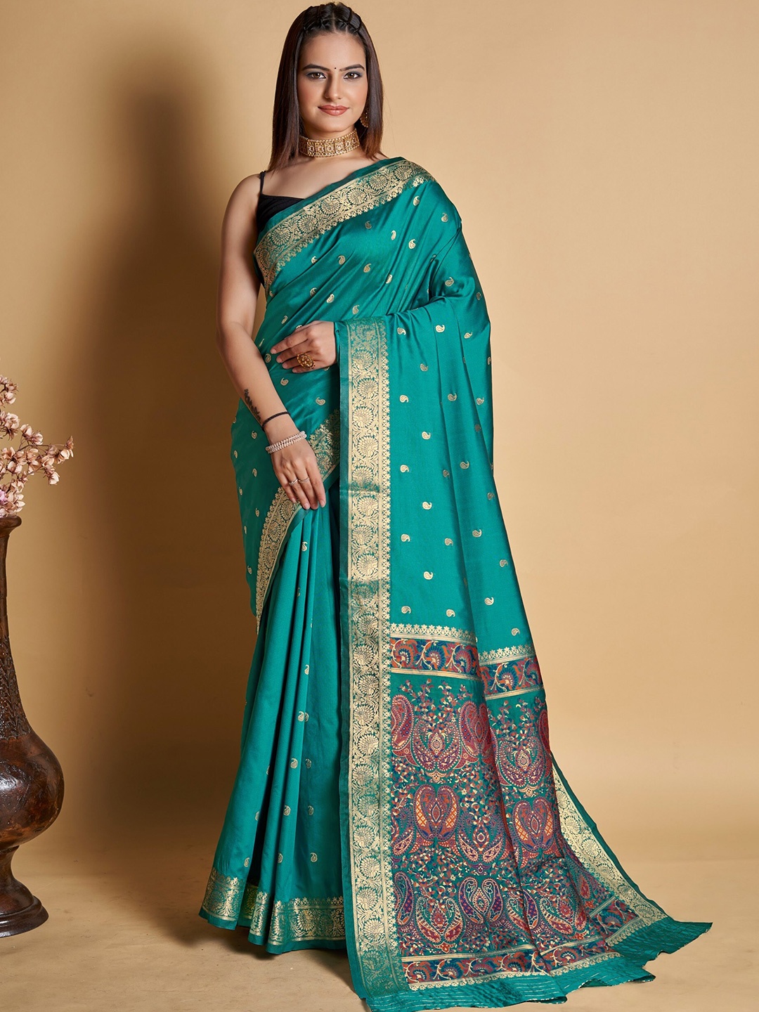 

Mitera Paisley Woven Design Zari Banarasi Saree, Teal