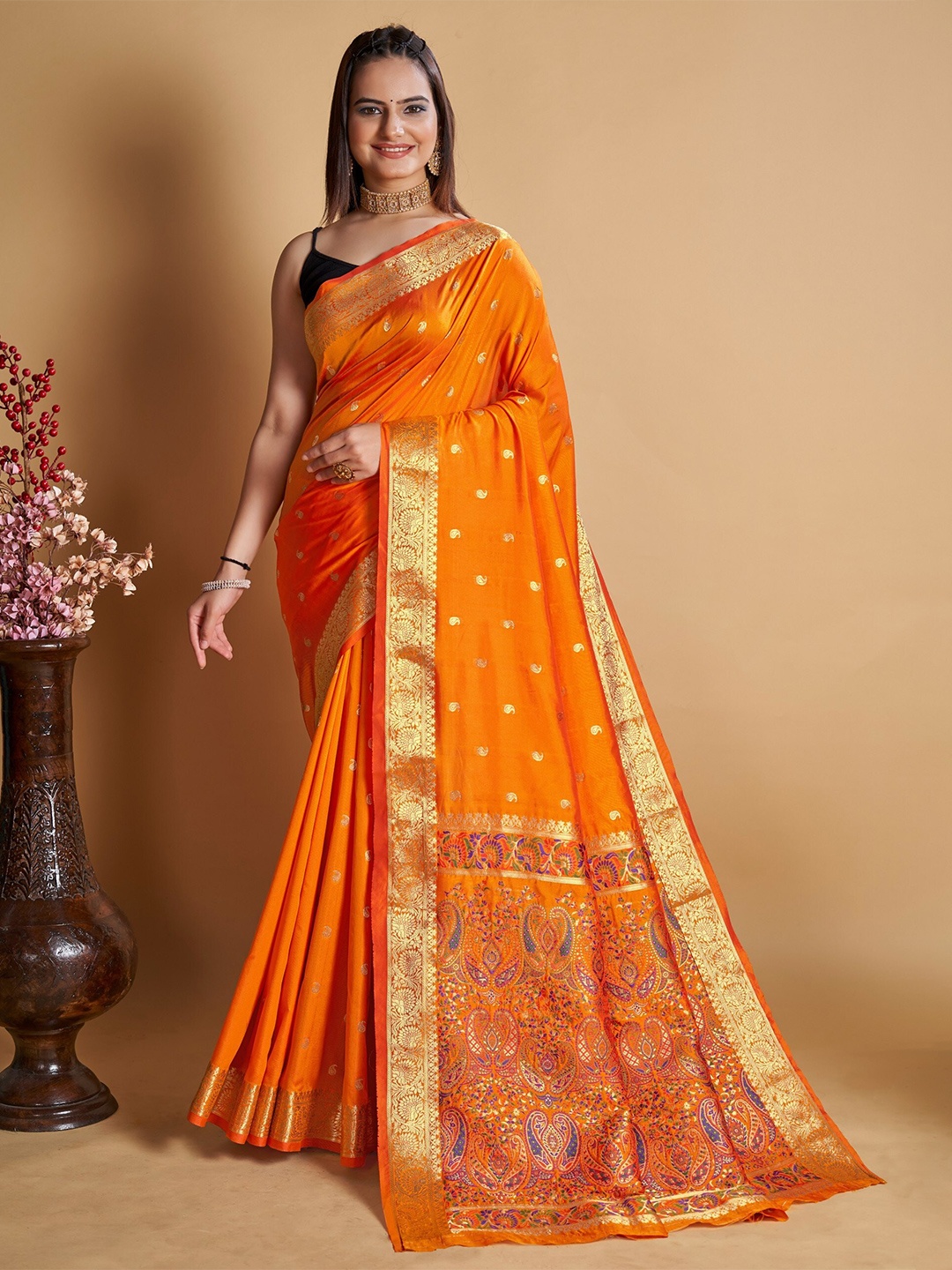 

Mitera Woven Design Zari Silk Blend Banarasi Saree, Orange