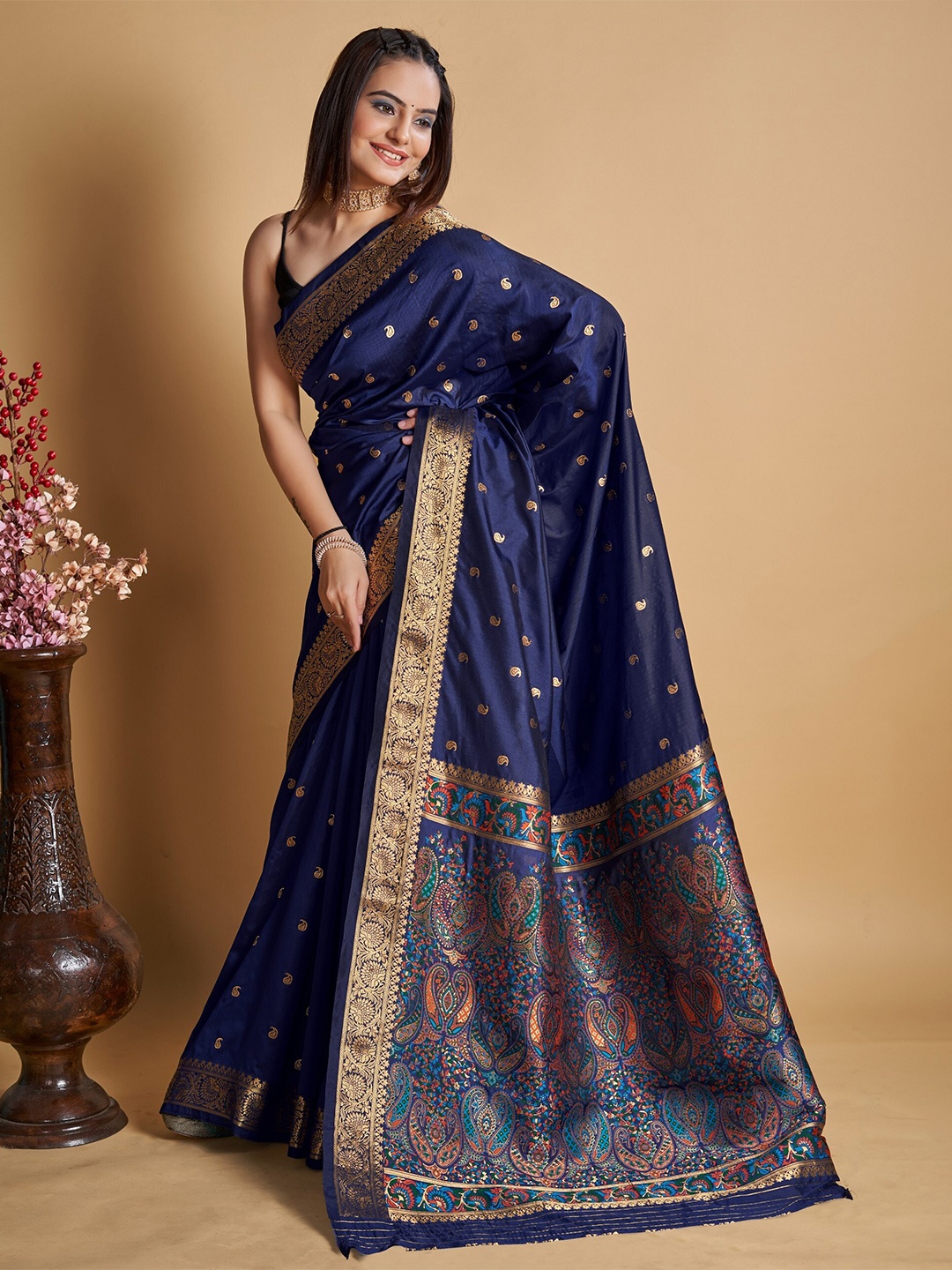 

Mitera Woven Design Zari Silk Blend Banarasi Saree, Navy blue