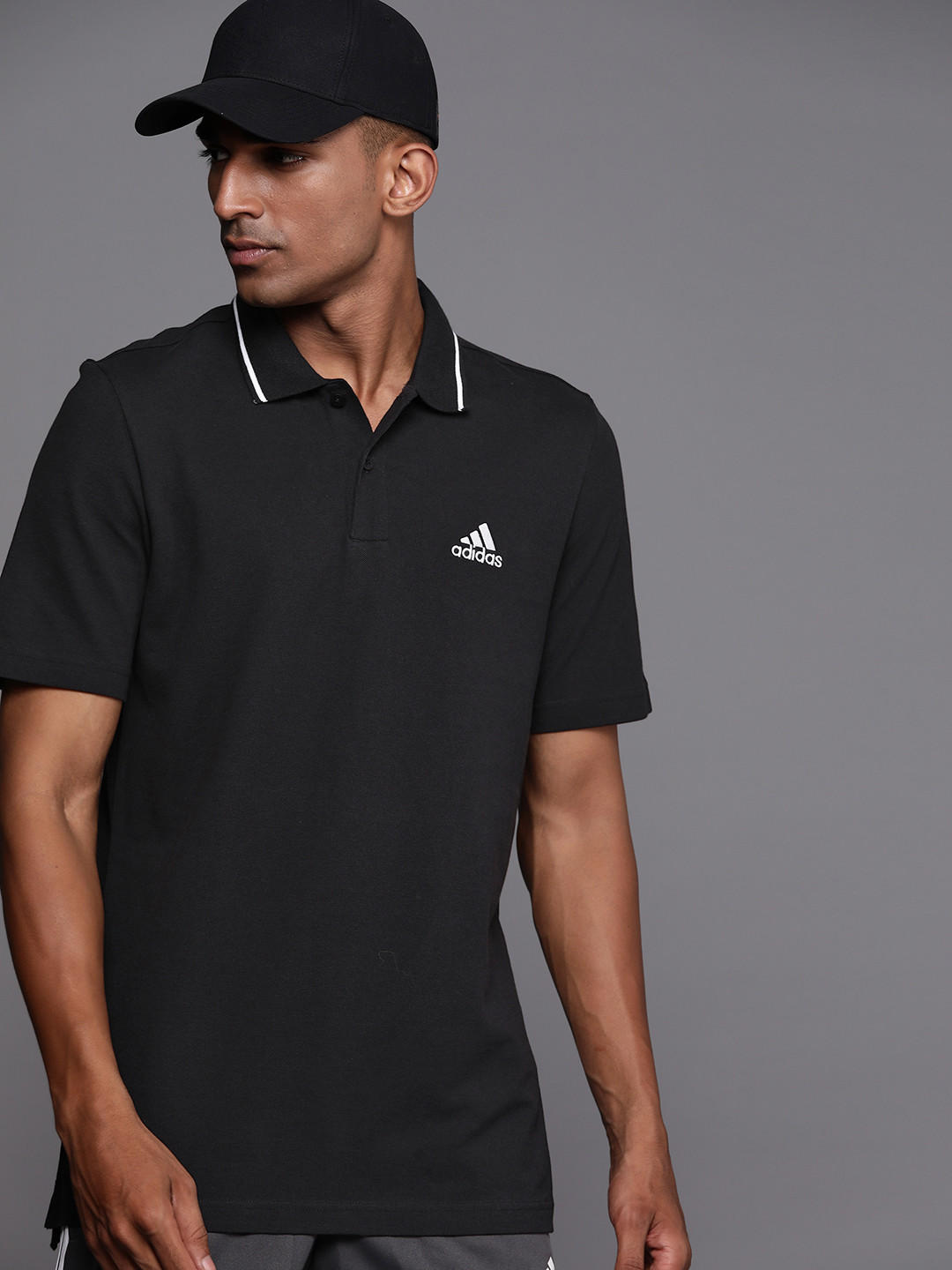 

ADIDAS Solid Polo Collar Pure Cotton SL PQ PS T-shirt, Black