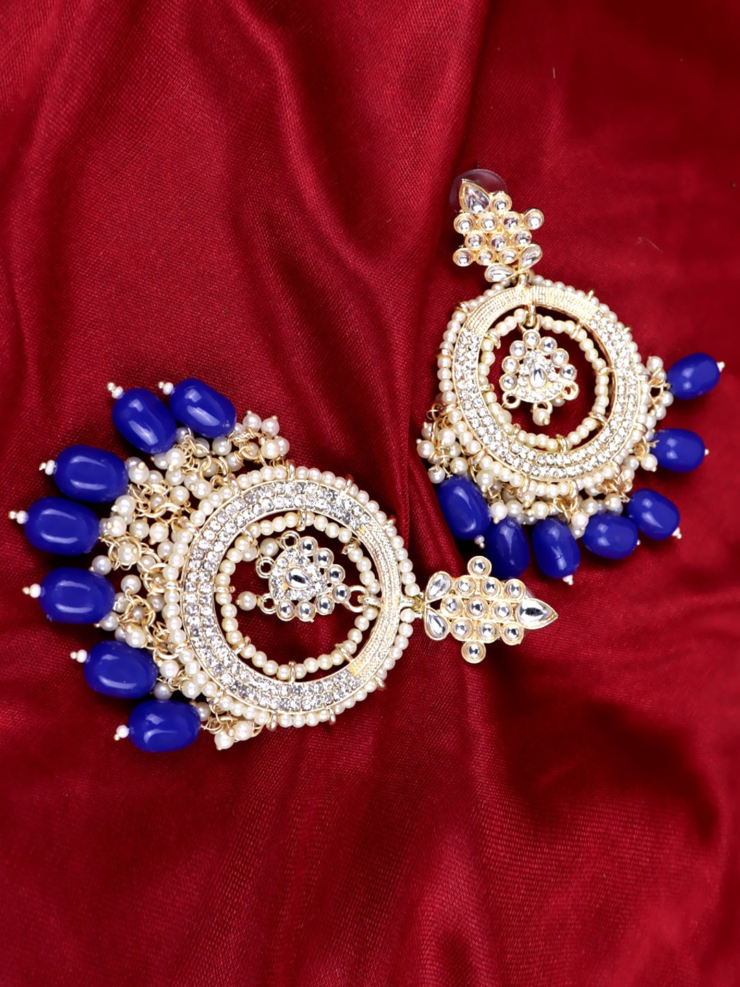 

VAGHBHATT Gold-Plated Stone-Studded & Beaded Contemporary Chandbalis Earrings
