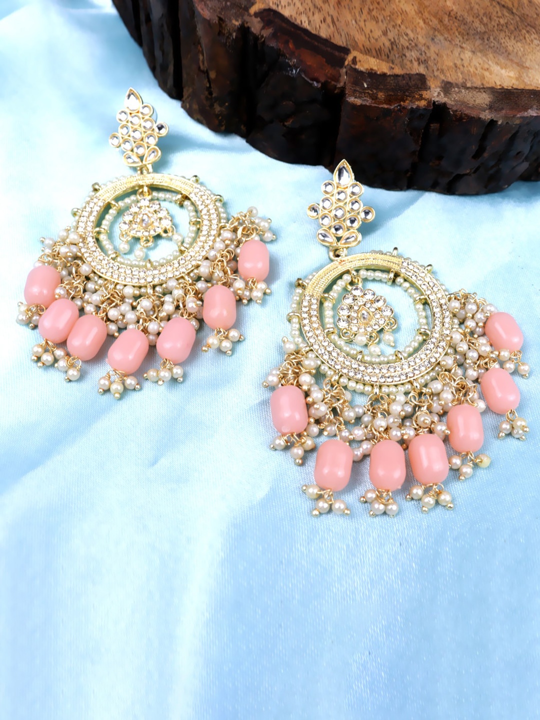 

VAGHBHATT Gold-Plated Stone-Studded & Beaded Contemporary Chandbalis Earrings