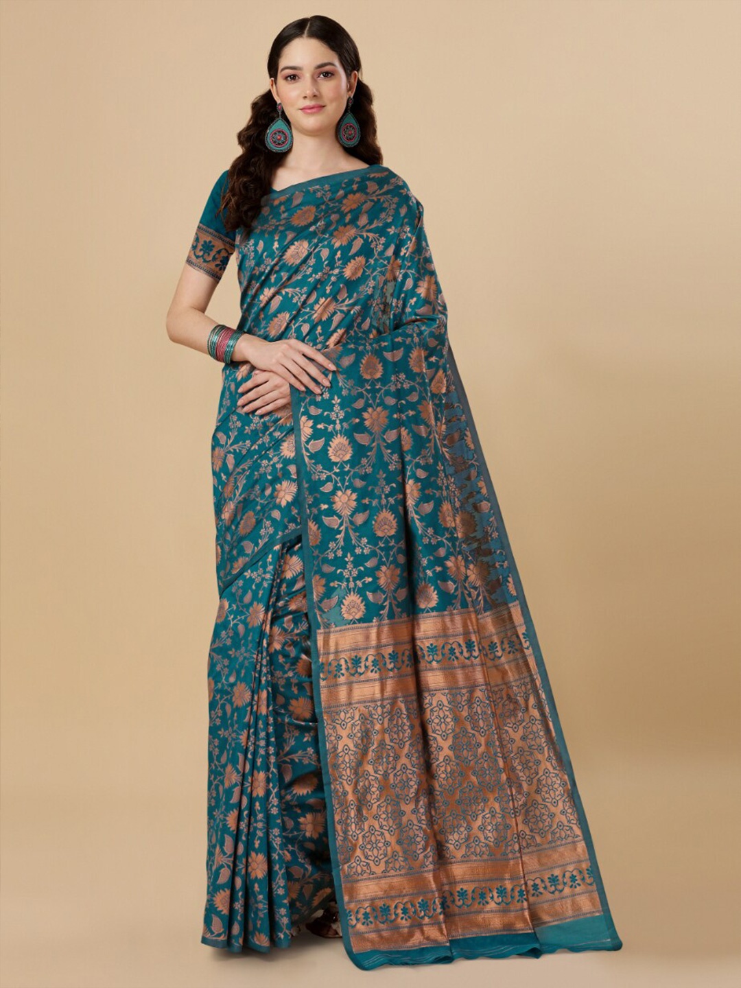 

Jinax Woven Design Zari Pure Silk Banarasi Saree, Teal