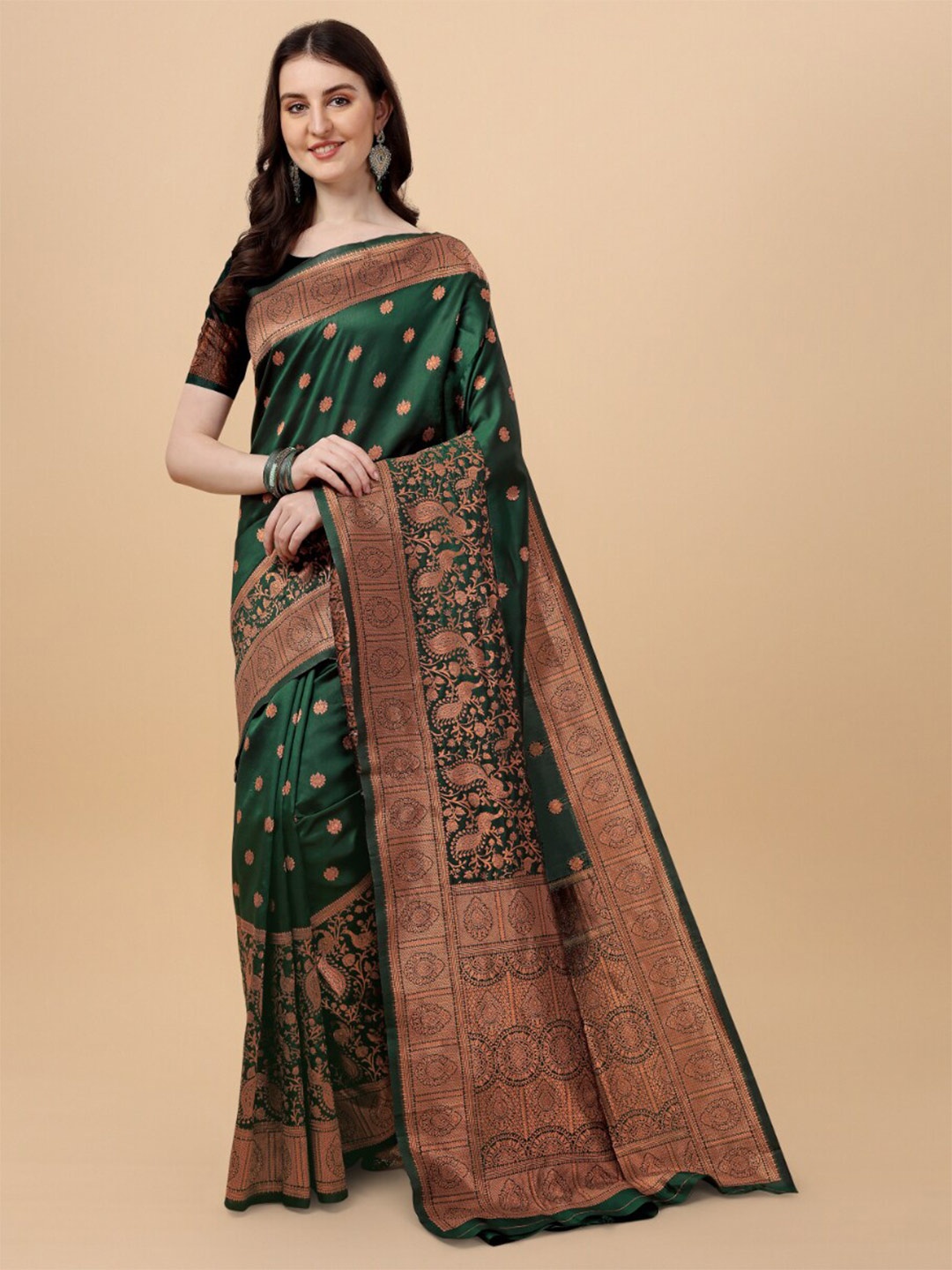 

Jinax Ethnic Motif Woven Design Zari Pure Silk Banarasi Saree, Green