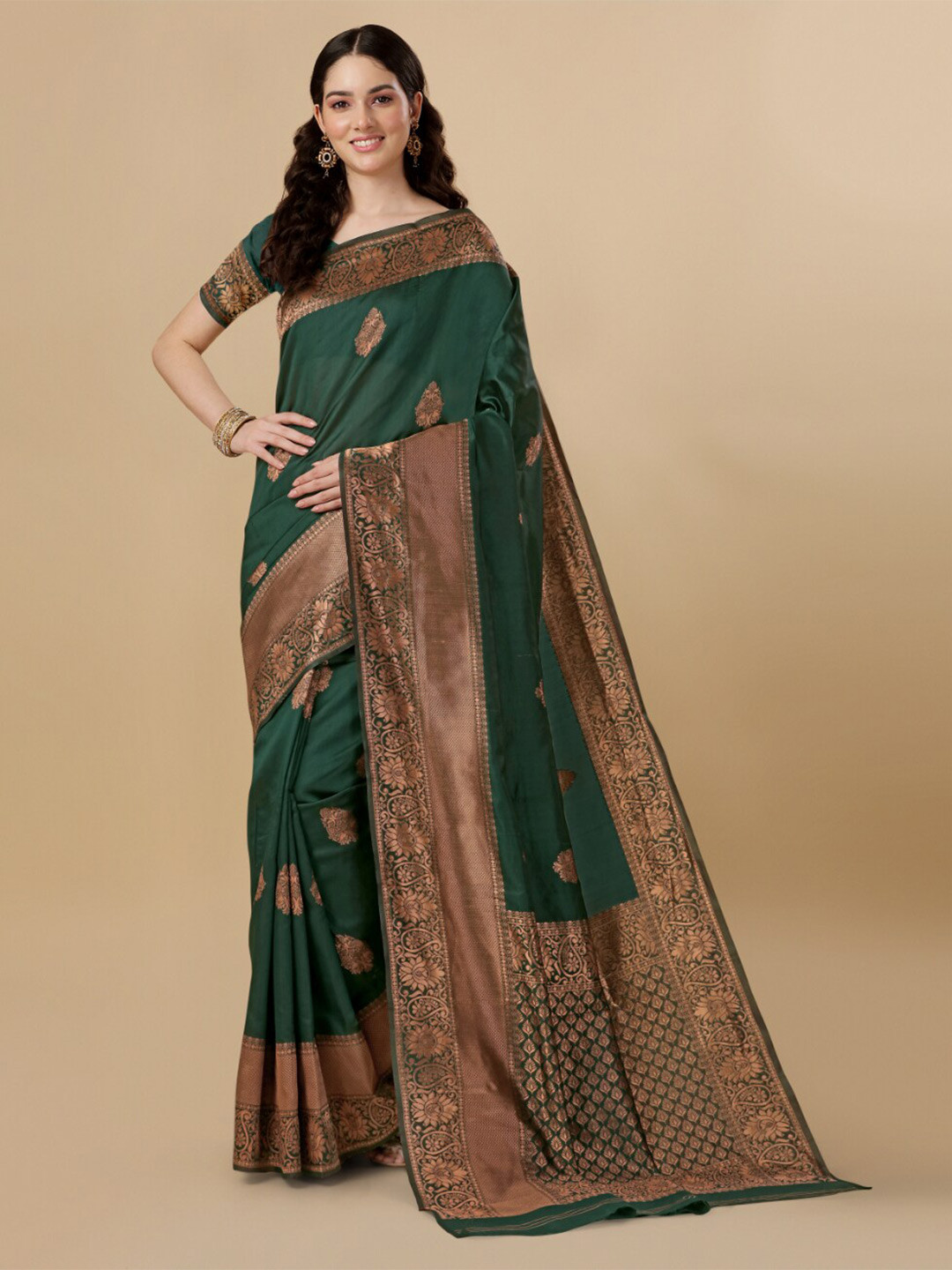 

Jinax Woven Design Zari Pure Silk Banarasi Saree, Green