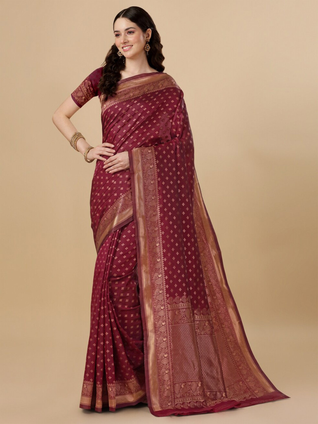 

Jinax Floral Motif Woven Design Zari Pure Silk Banarasi Saree, Maroon