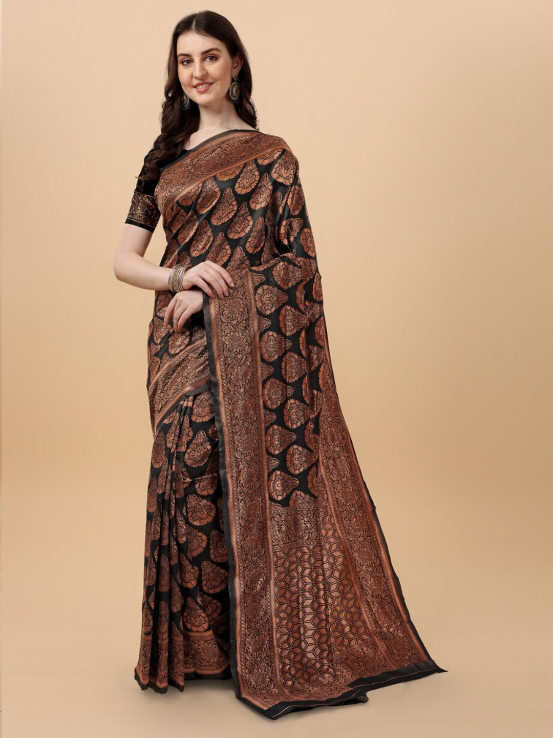

Jinax Ethnic Motif Woven Design Zari Pure Silk Banarasi Saree, Black