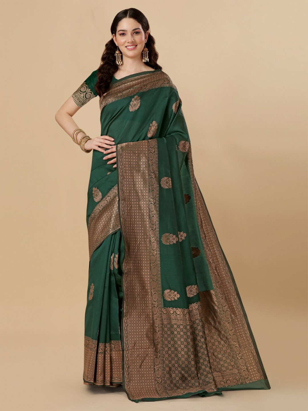 

Jinax Floral Motif Woven Design Zari Pure Silk Banarasi Saree, Green