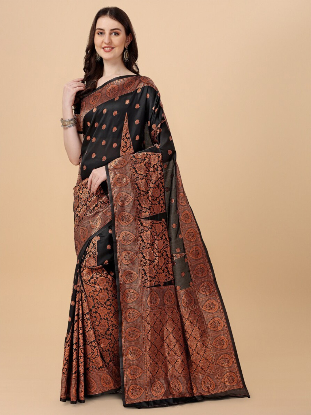 

Jinax Woven Design Zari Pure Silk Banarasi Saree, Black