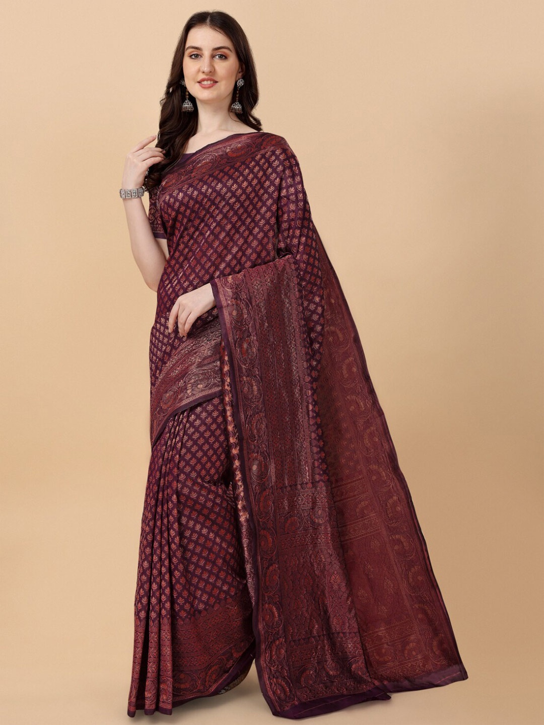 

Jinax Floral Motif Woven Design Zari Pure Silk Banarasi Saree, Purple