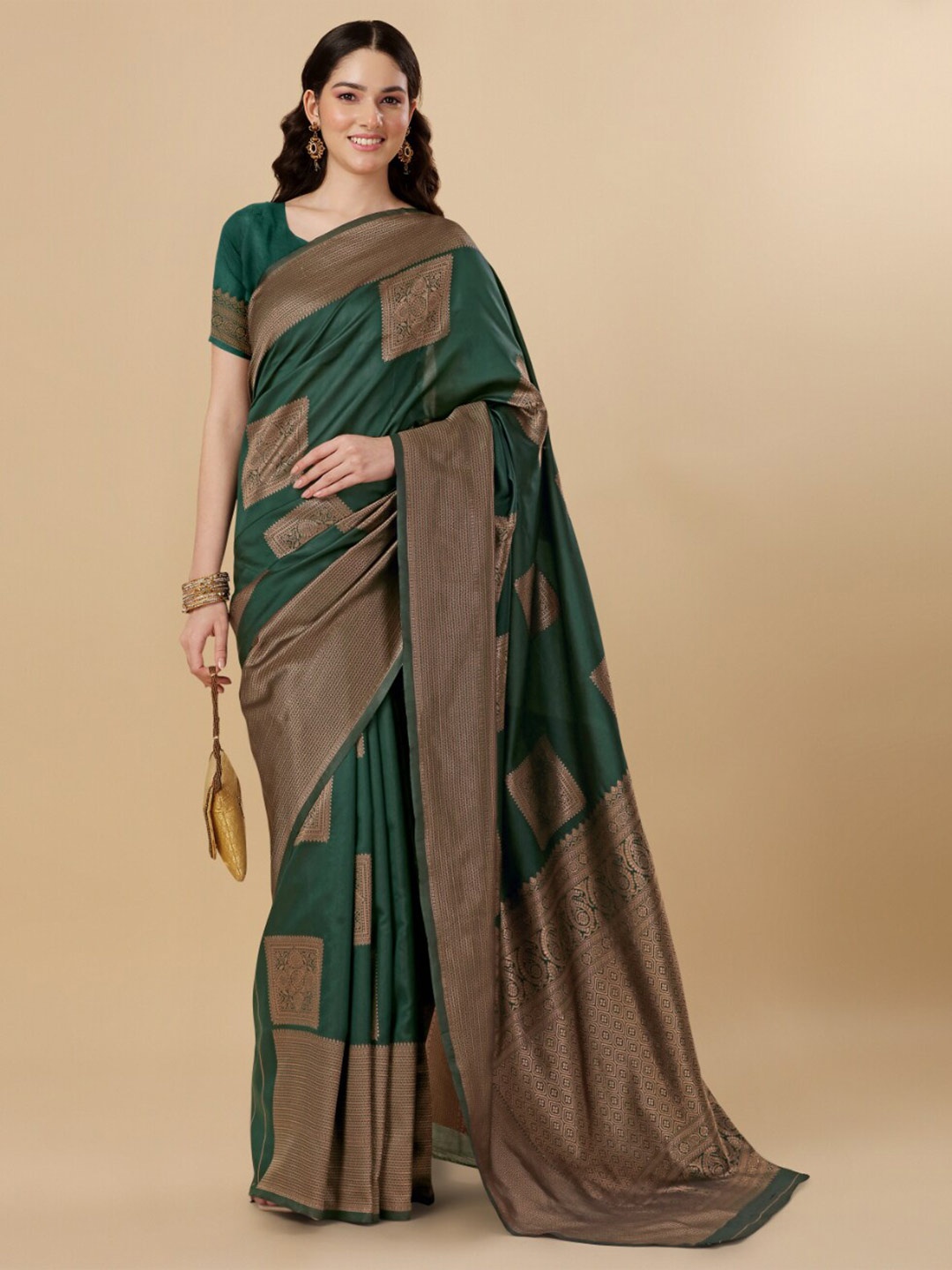 

Jinax Ethnic Motif Woven Design Zari Pure Silk Banarasi Saree, Green