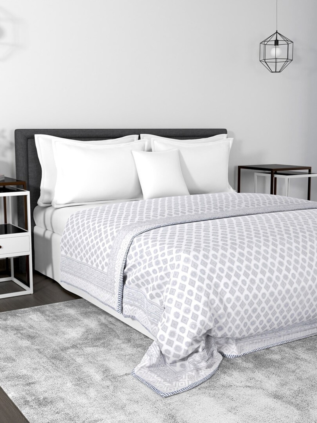 

HOUMN White & Grey Geometric Mild Winter 210 GSM Cotton Double Bed Dohar