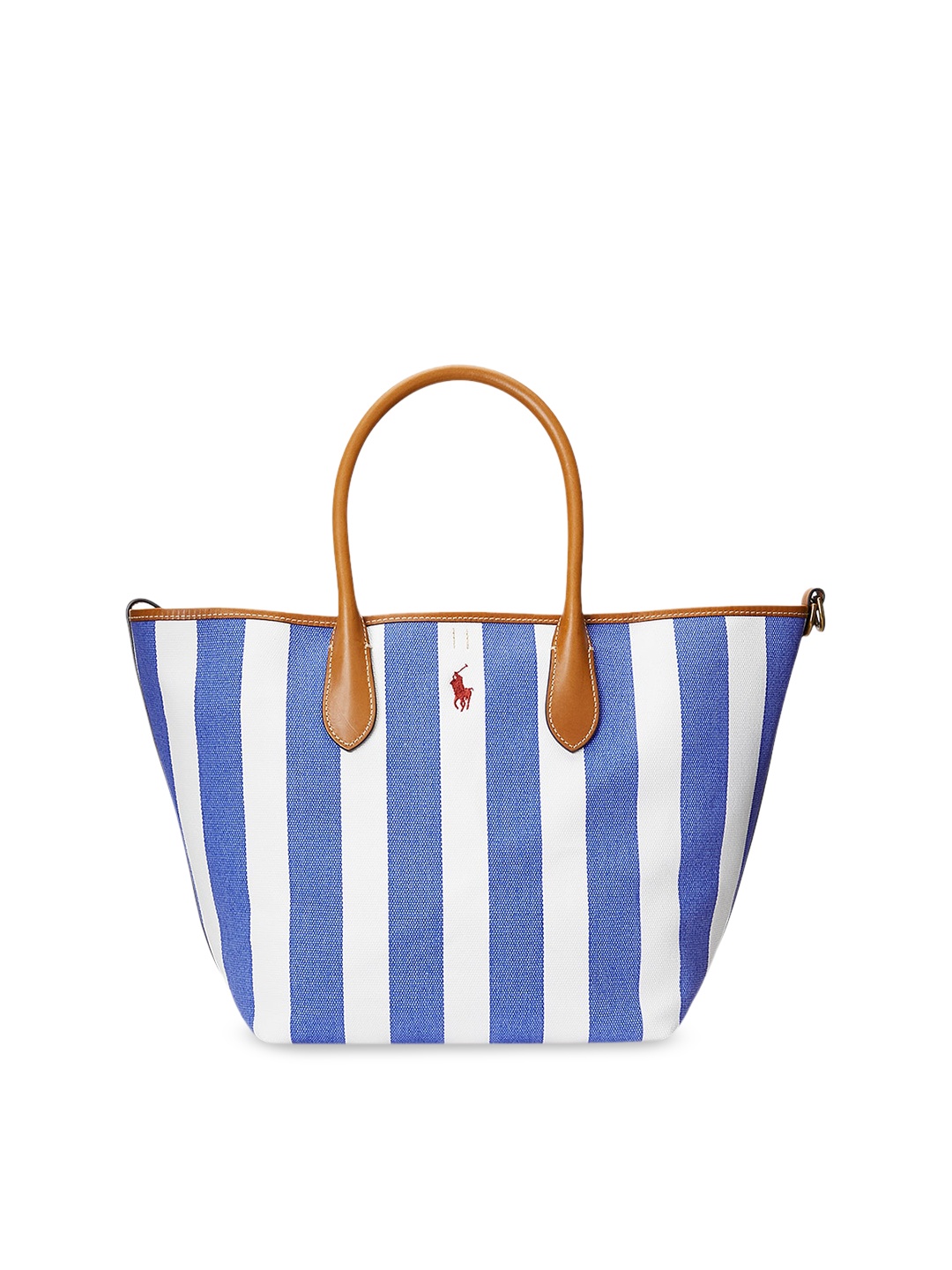 

Polo Ralph Lauren Striped Patterned Leather Medium Bellport Tote Handbag, Blue