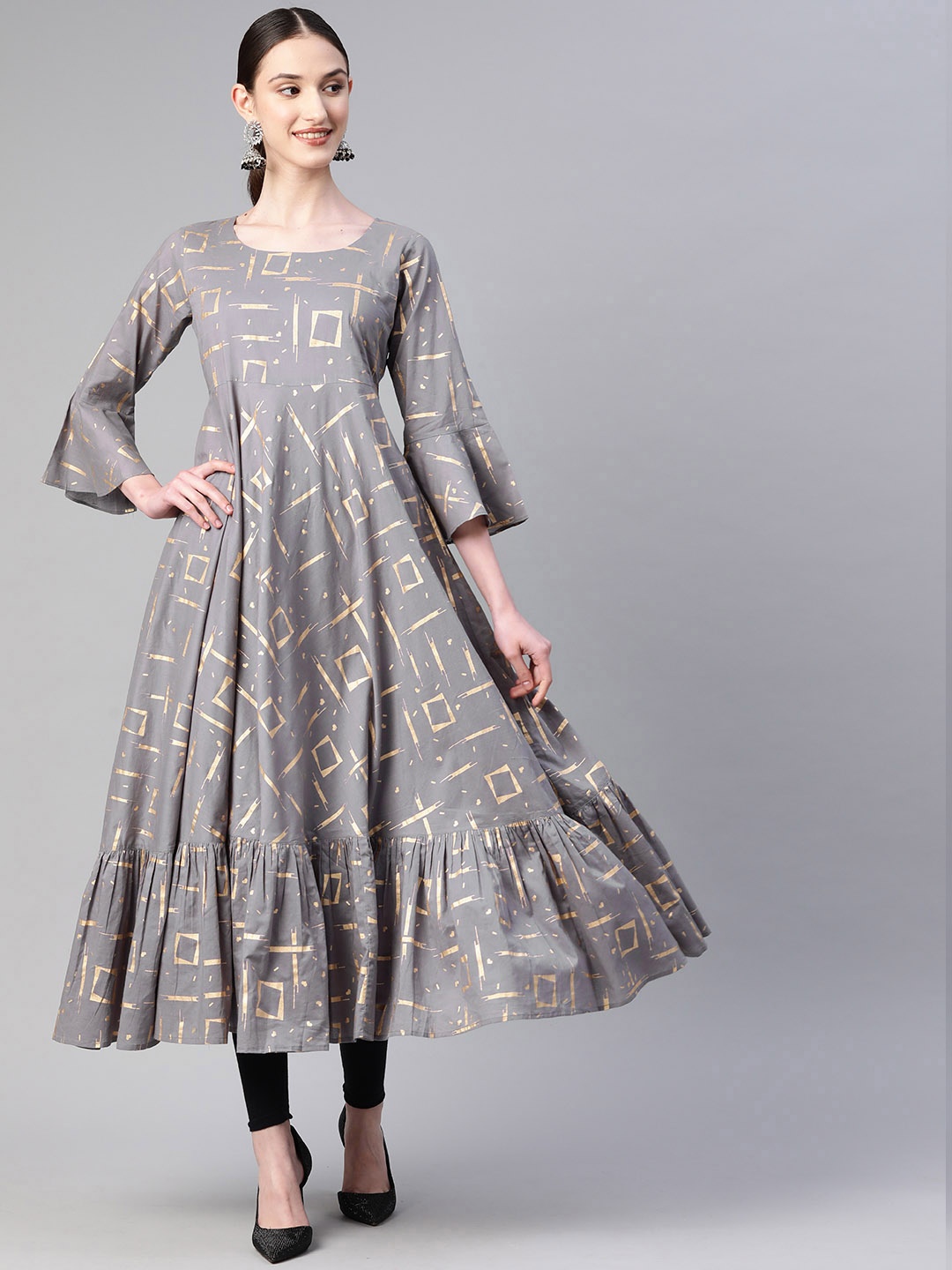 

MBE Geometric Printed Bell Sleeves Tiering Anarkali Kurta, Grey