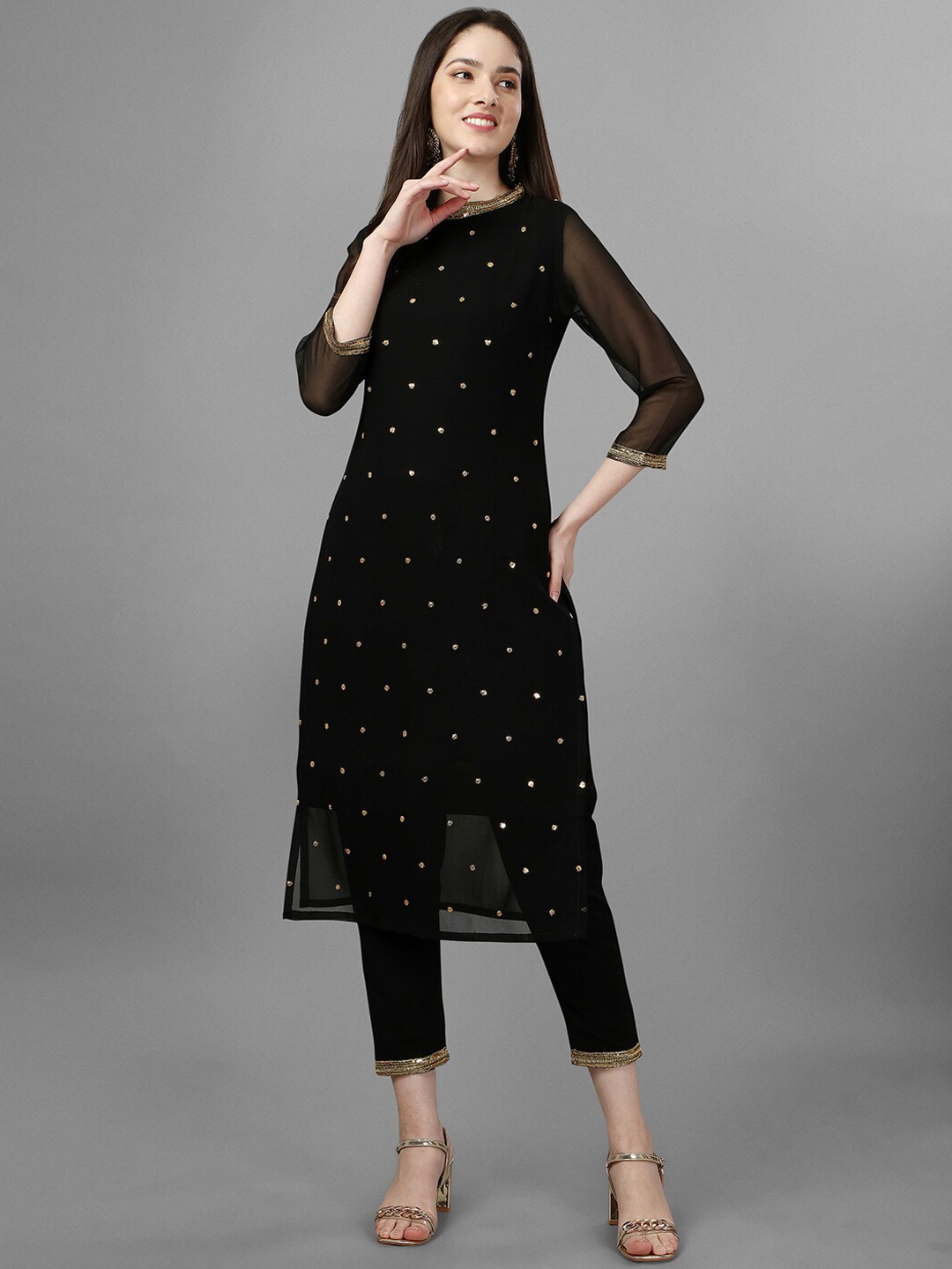 GORGONE Round Neck Embroidered Sequinned Georgette Kurta, Black