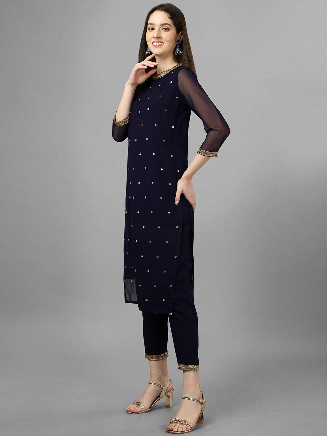 

GORGONE Round Neck Embroidered Sequinned Georgette Kurta, Navy blue