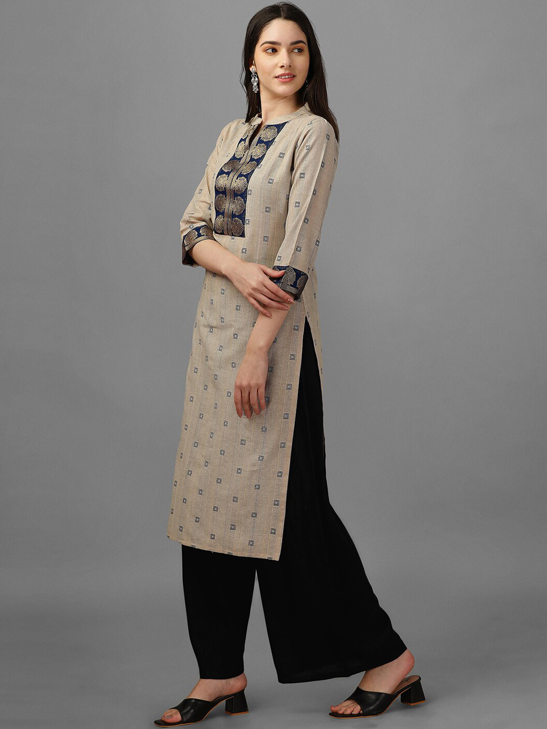 

GORGONE Ethnic Motifs Woven Design Zari Dobby Weave Cotton Kurta, Beige