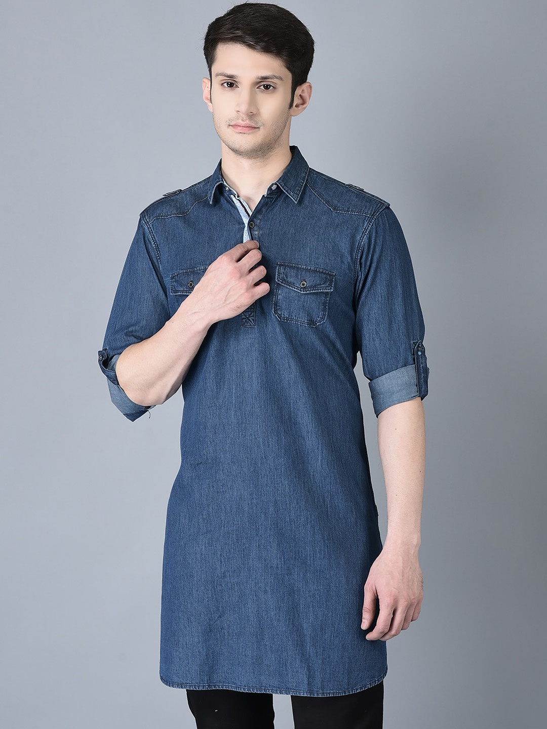 

CANOE Flap Pockets Shirt Collar Pathani Cotton Kurta, Navy blue