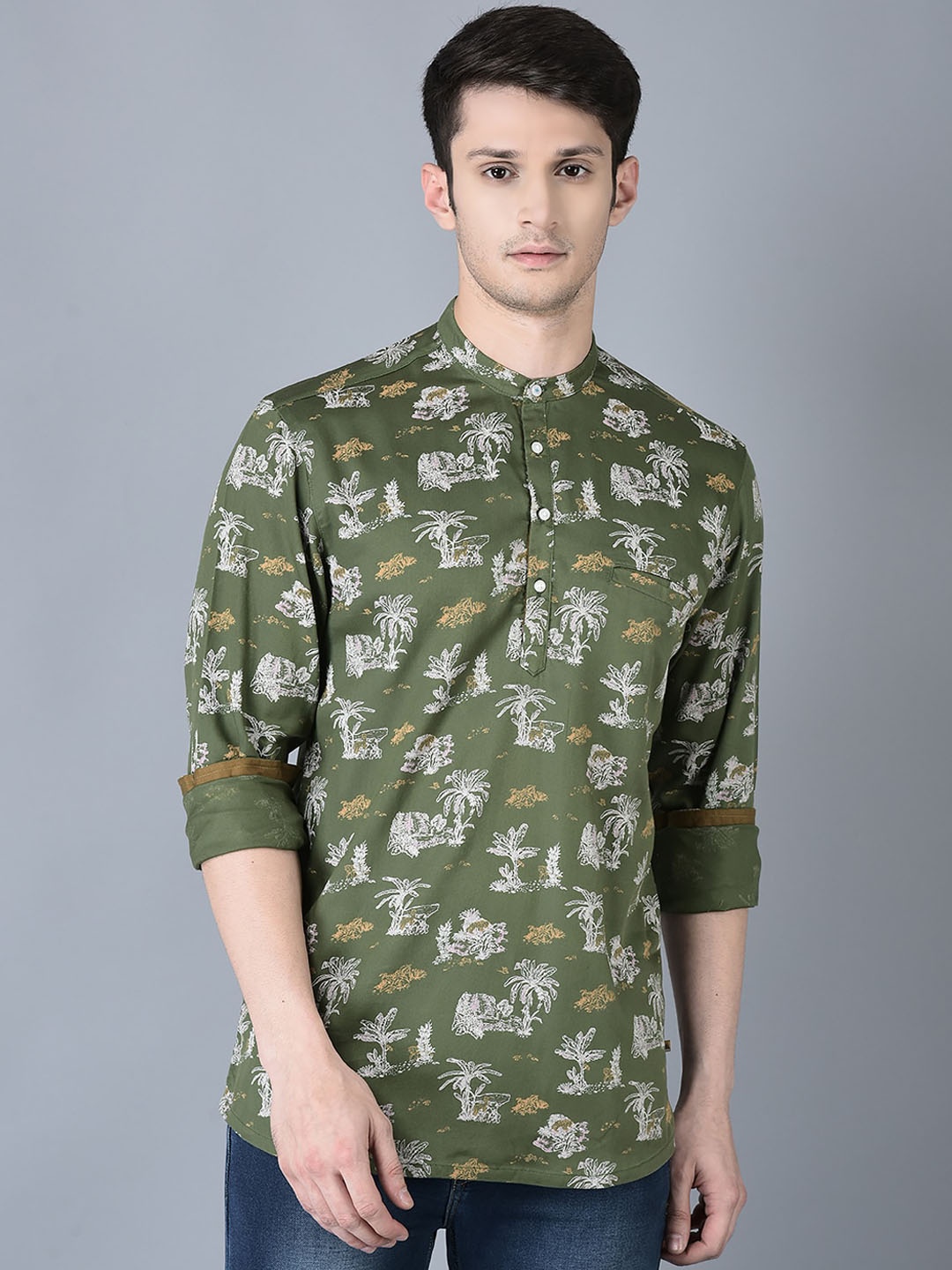 

CANOE Patch Pocket Cuffed Sleeves Band Collar Printed Kurta, Olive