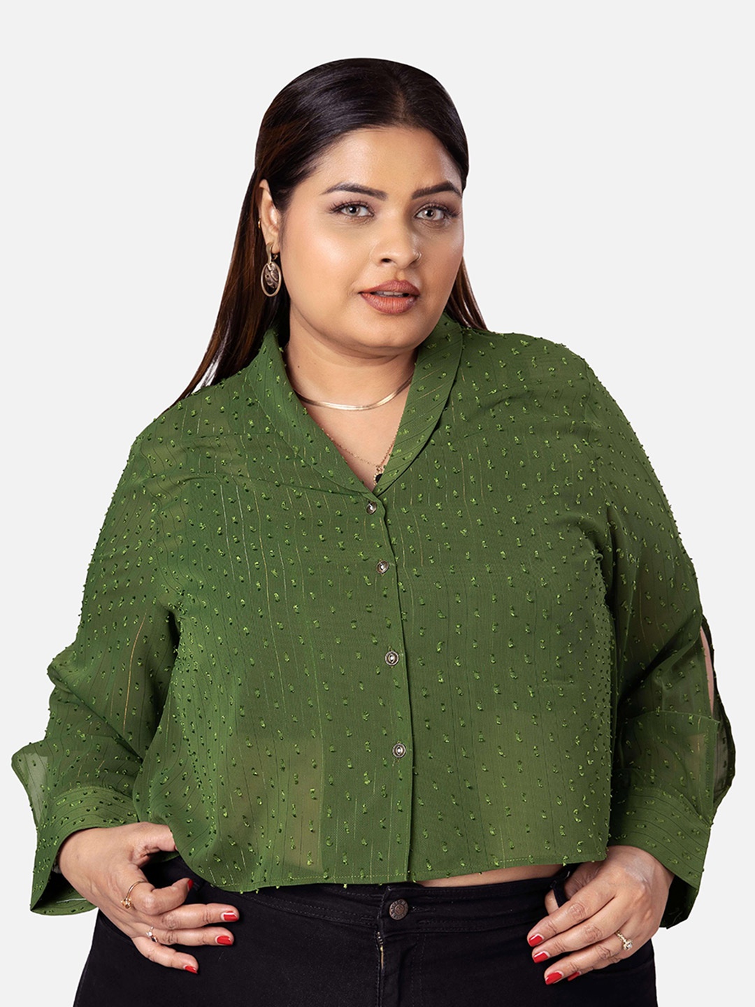 

NEOFAA Plus Size Self Design Semi Sheer Casual Crop Shirt Style Top, Olive