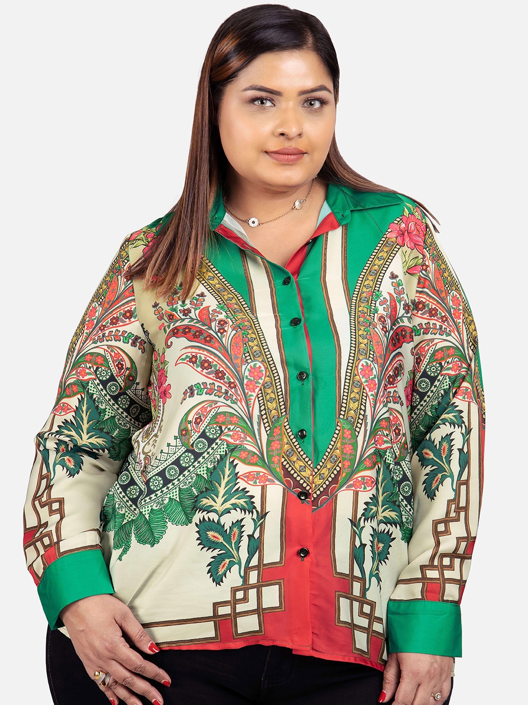 

NEOFAA Plus Size Floral Printed Casual Shirt, Beige