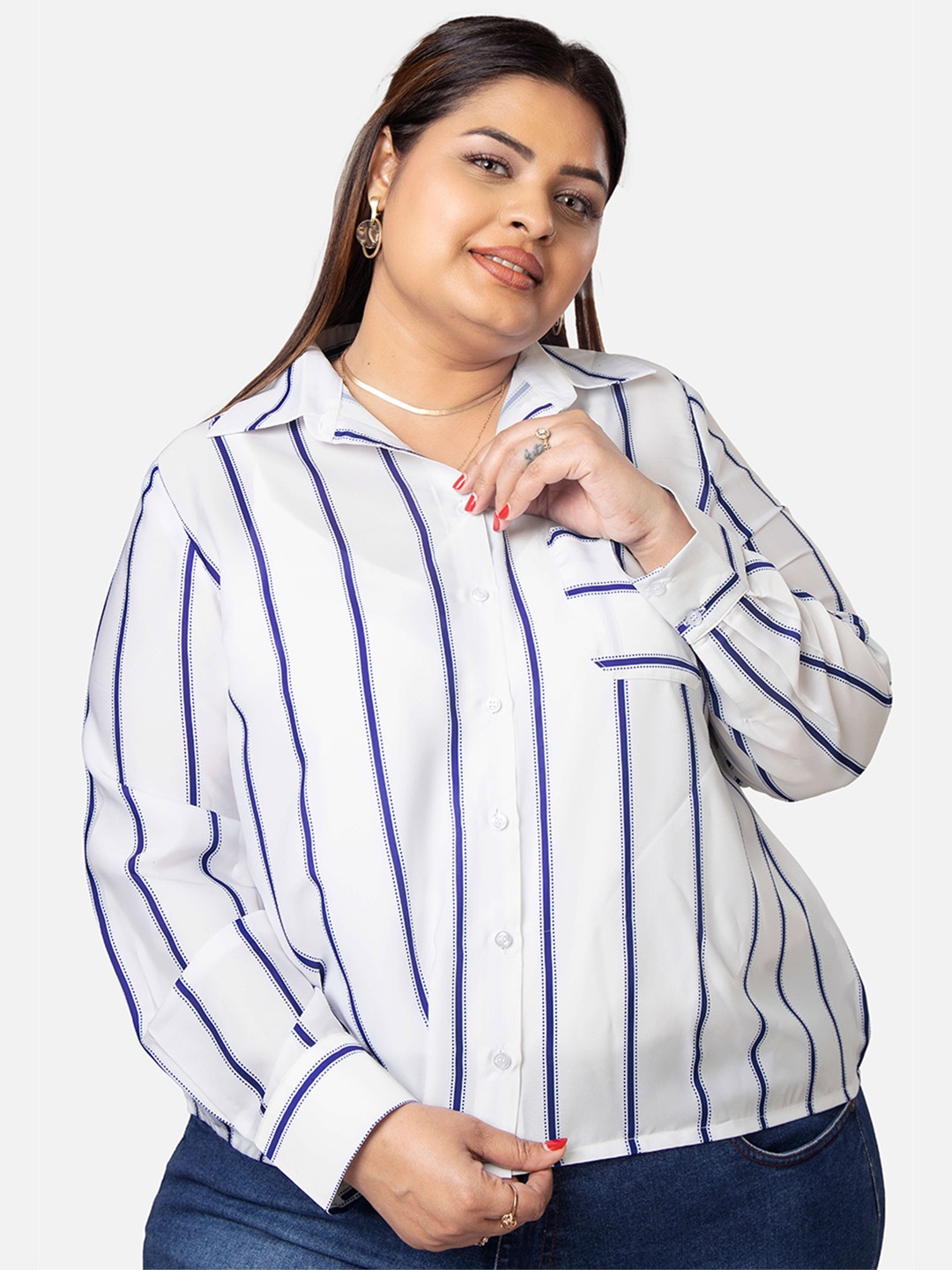 

NEOFAA Plus Size Striped Casual Shirt, White