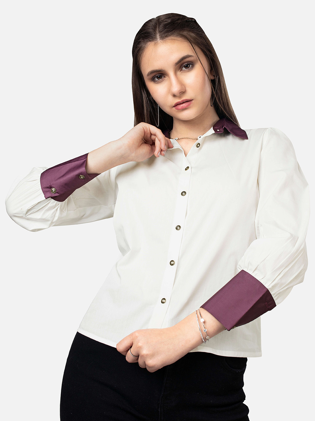 

NEOFAA Puffed Sleeves Casual Shirt, White