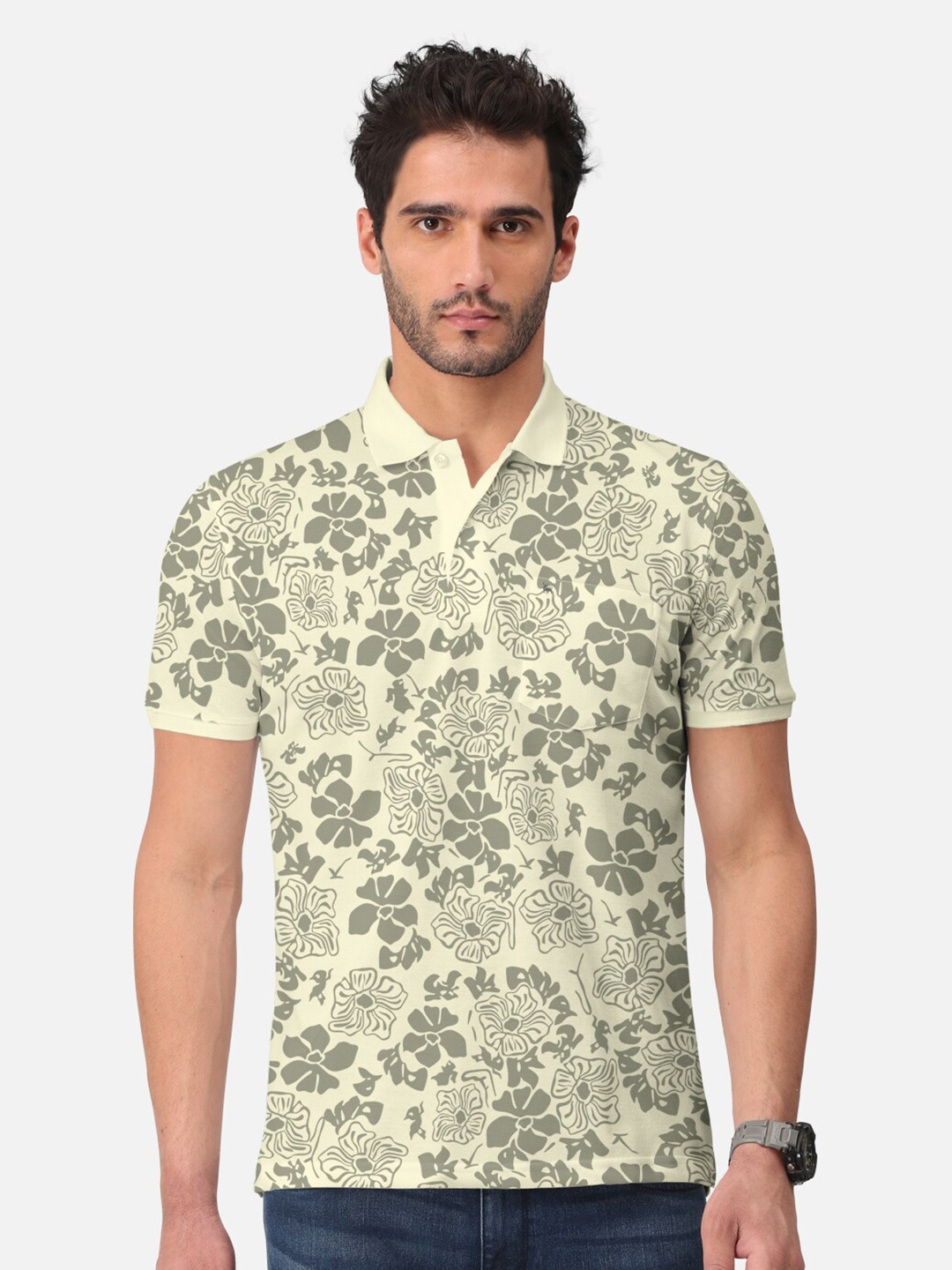 

BULLMER Floral Printed Polo Collar Cotton T-shirt, Yellow