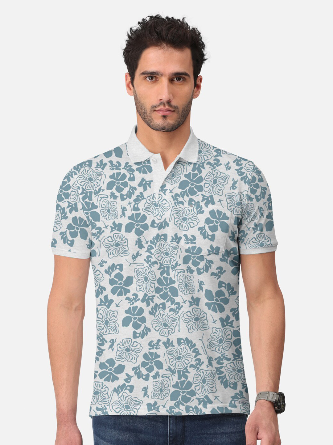 

BULLMER Floral Printed Polo Collar T-shirt, White