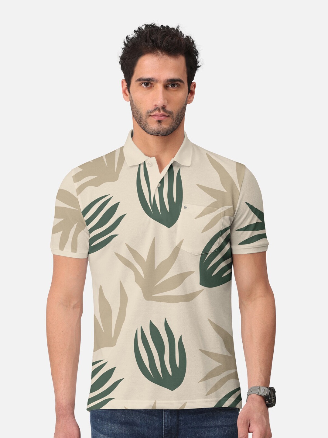 

BULLMER Tropical Printed Polo Collar Cotton T-shirt, Beige