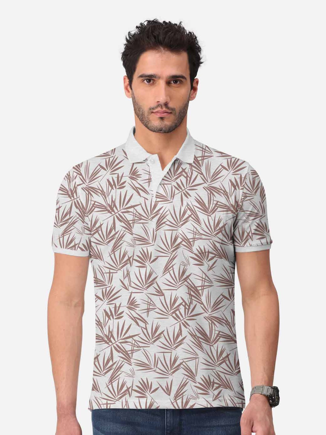 

BULLMER Tropical Printed Polo Collar Cotton T-shirt, White