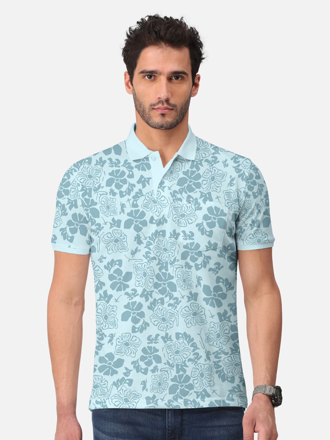 

BULLMER Floral Printed Polo Collar Cotton T-shirt, Blue