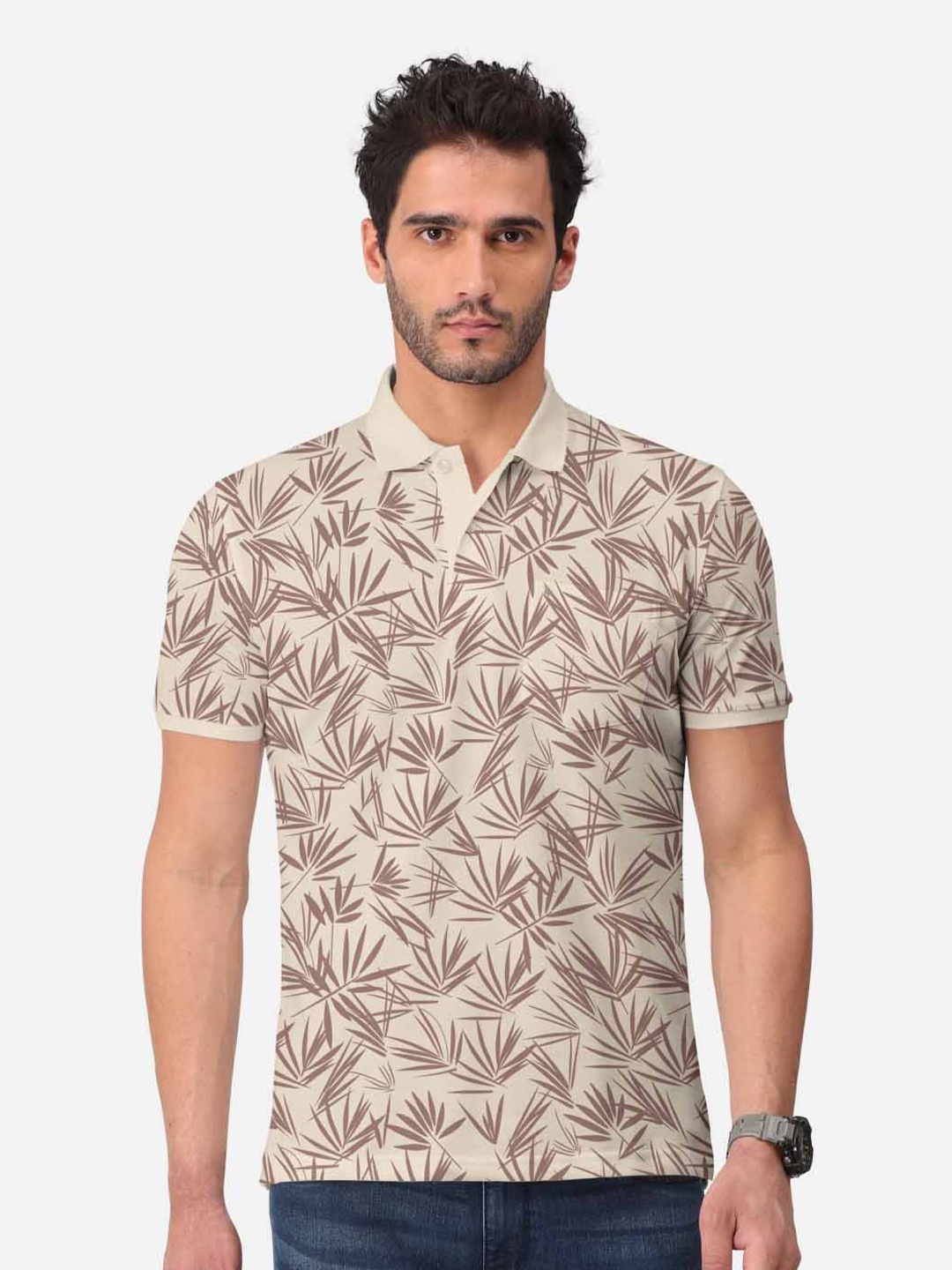 

BULLMER Tropical Printed Polo Collar Cotton T-shirt, Beige