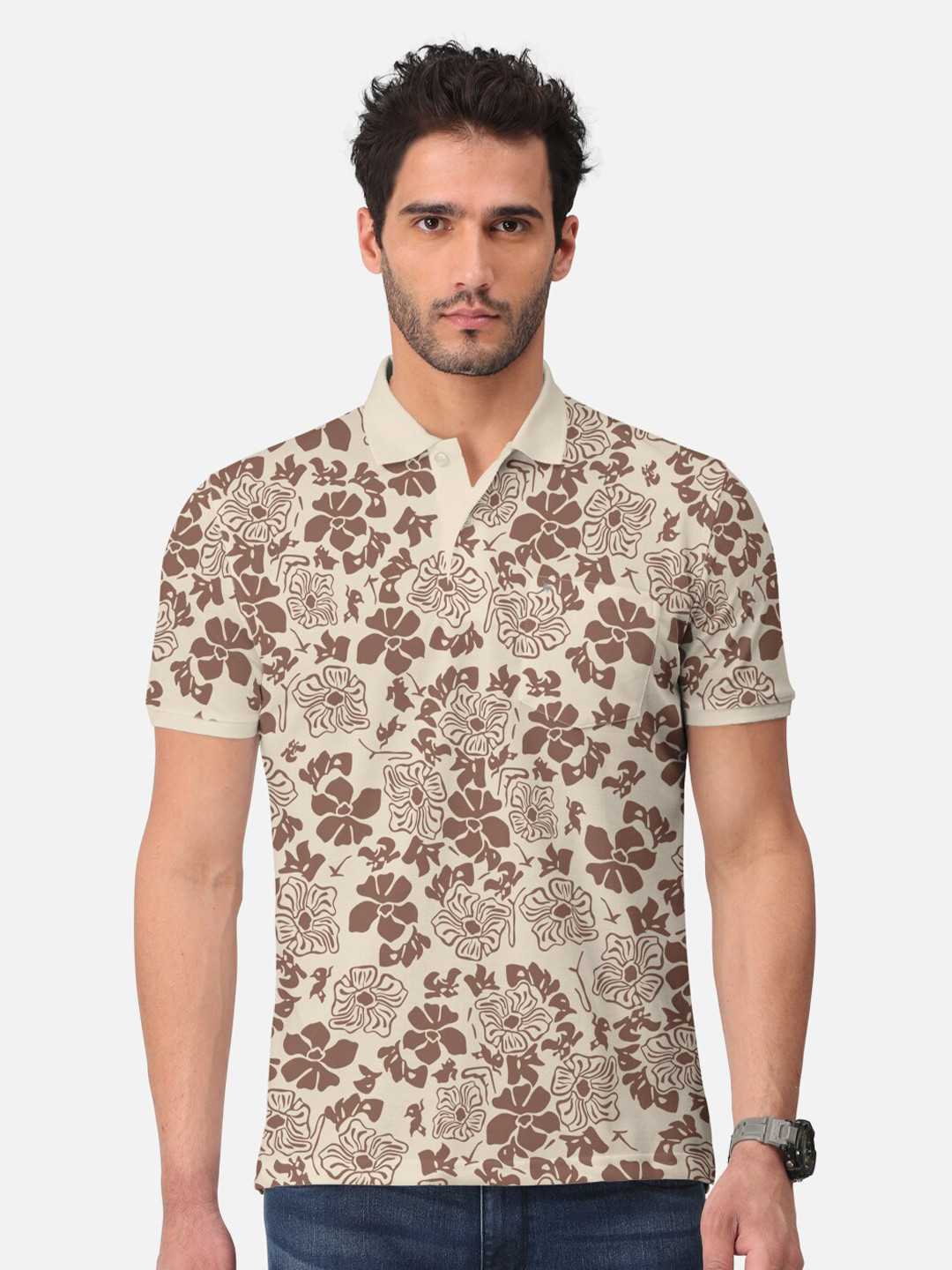 

BULLMER Floral Printed Polo Collar Cotton T-shirt, Beige