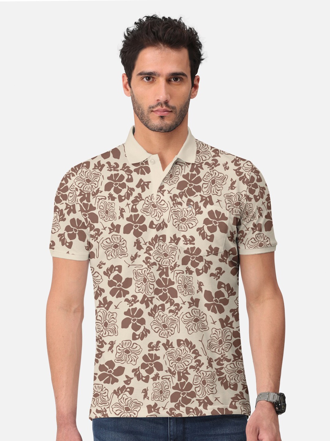 

BULLMER Floral Printed Polo Collar Cotton T-shirt, Beige