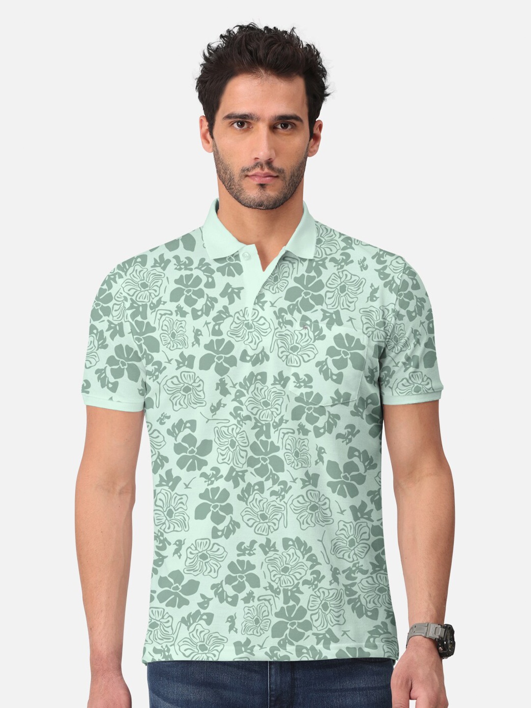 

BULLMER Floral Printed Polo Collar Cotton T-shirt, Green