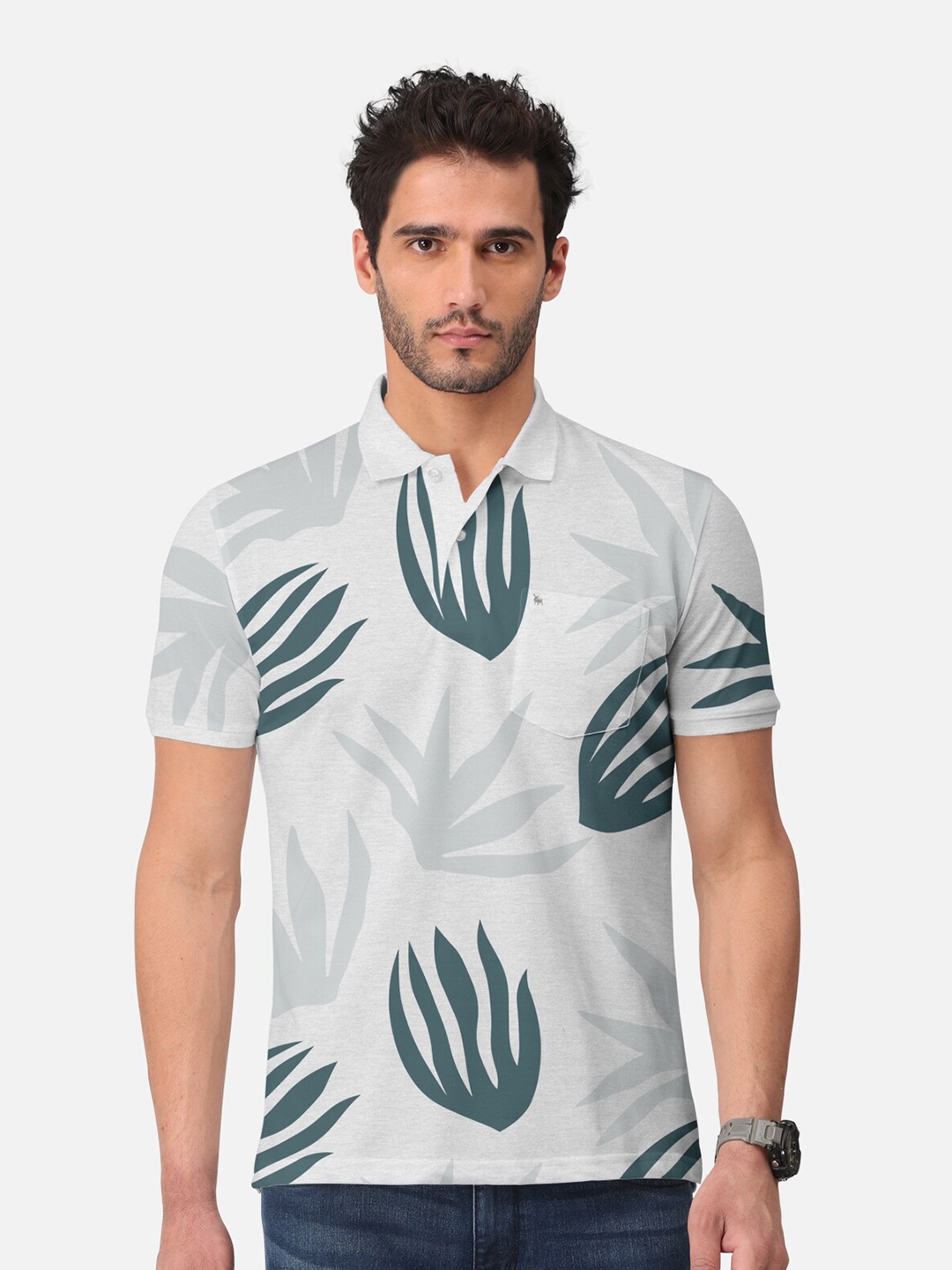 

BULLMER Conversational Printed Polo Collar Cotton T-shirt, White