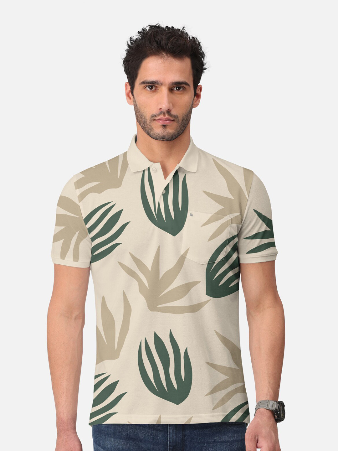

BULLMER Graphic Printed Polo Collar Cotton T-shirt, Beige