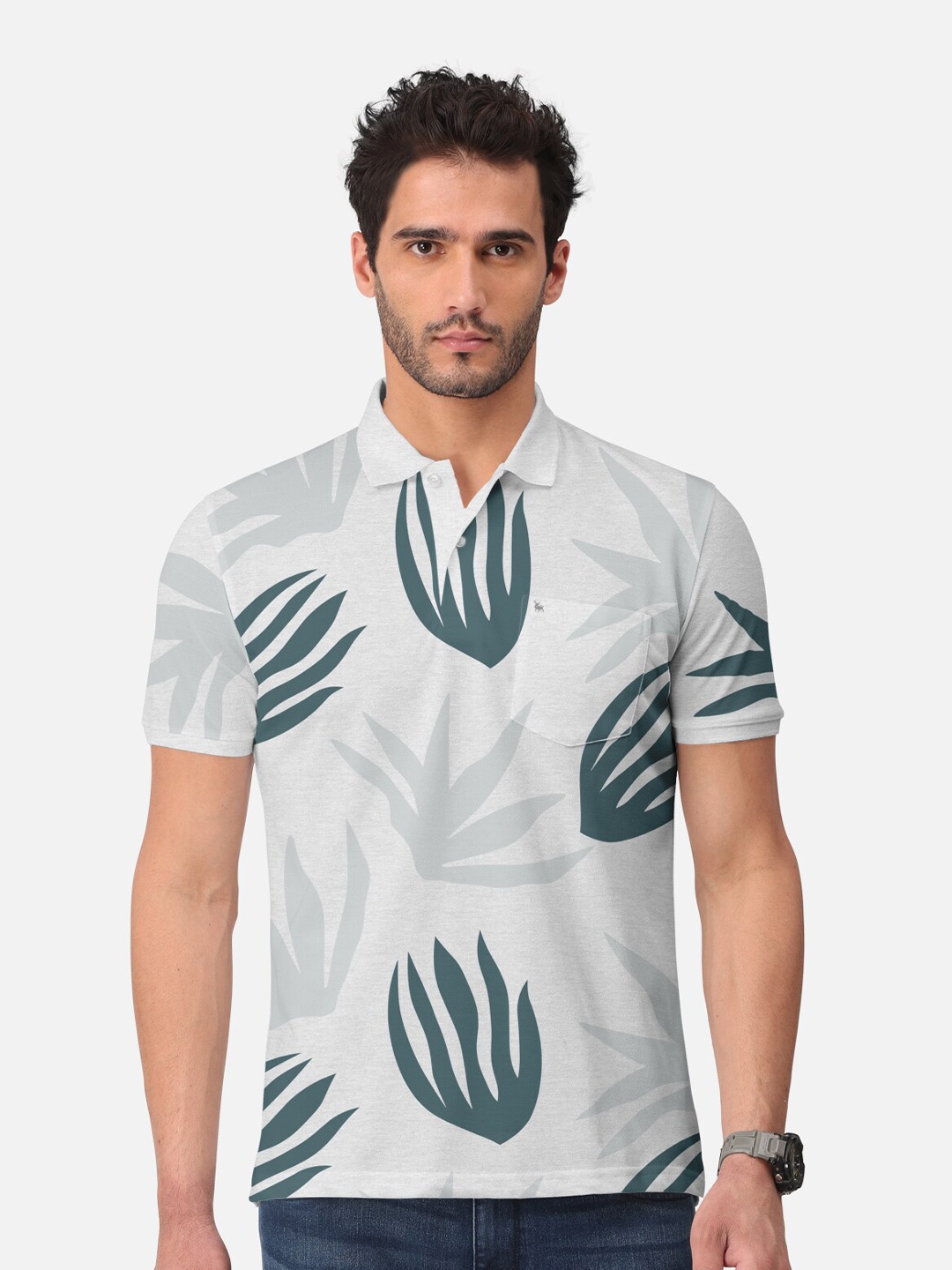 

BULLMER Abstract Printed Polo Collar Cotton T-Shirt, Grey
