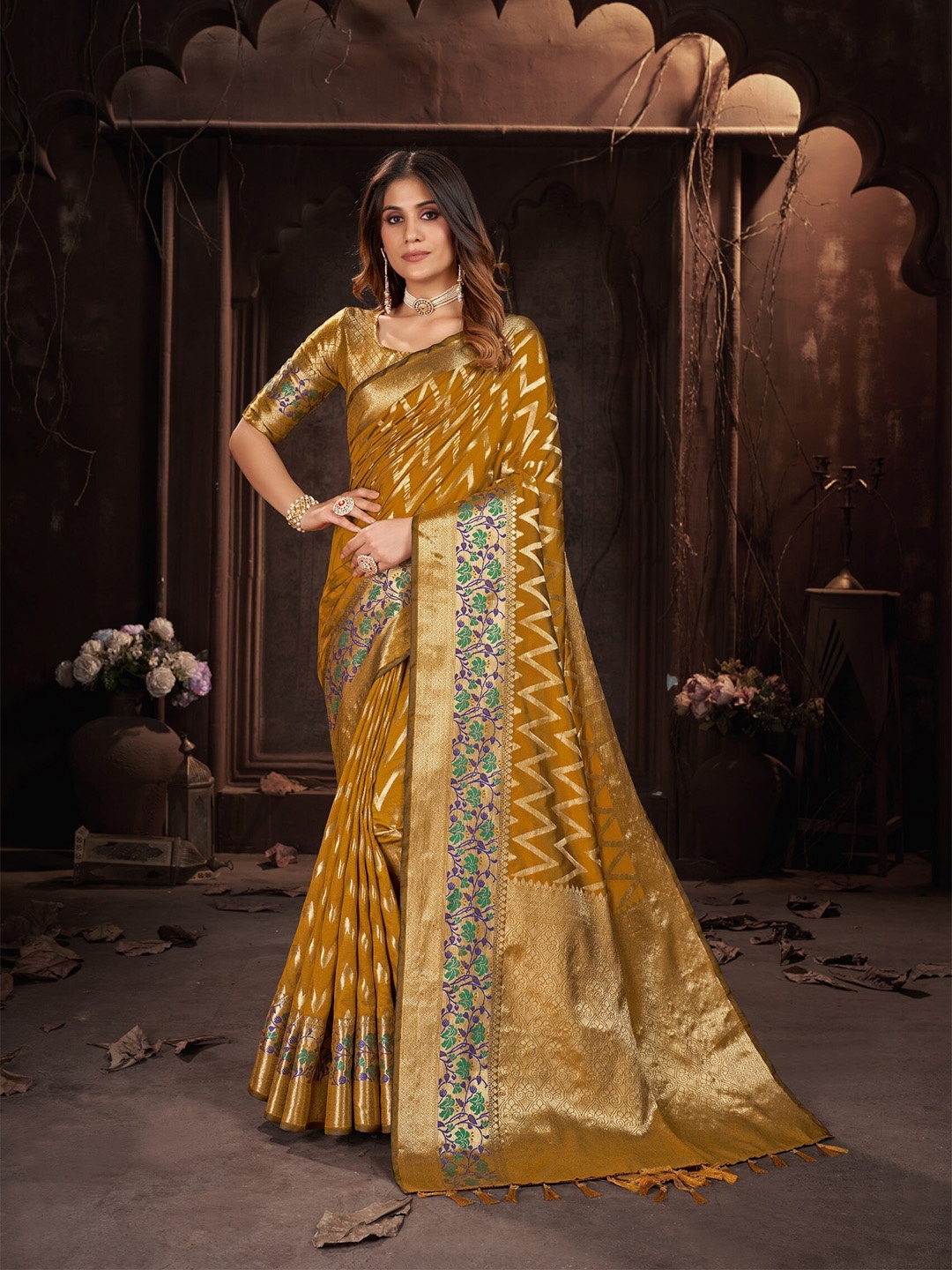 

Mitera Chevron Woven Design Zari Banarasi Saree, Yellow