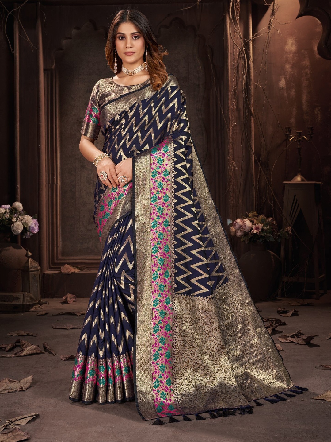 

Mitera Woven Design Zari Silk Blend Banarasi Saree, Navy blue