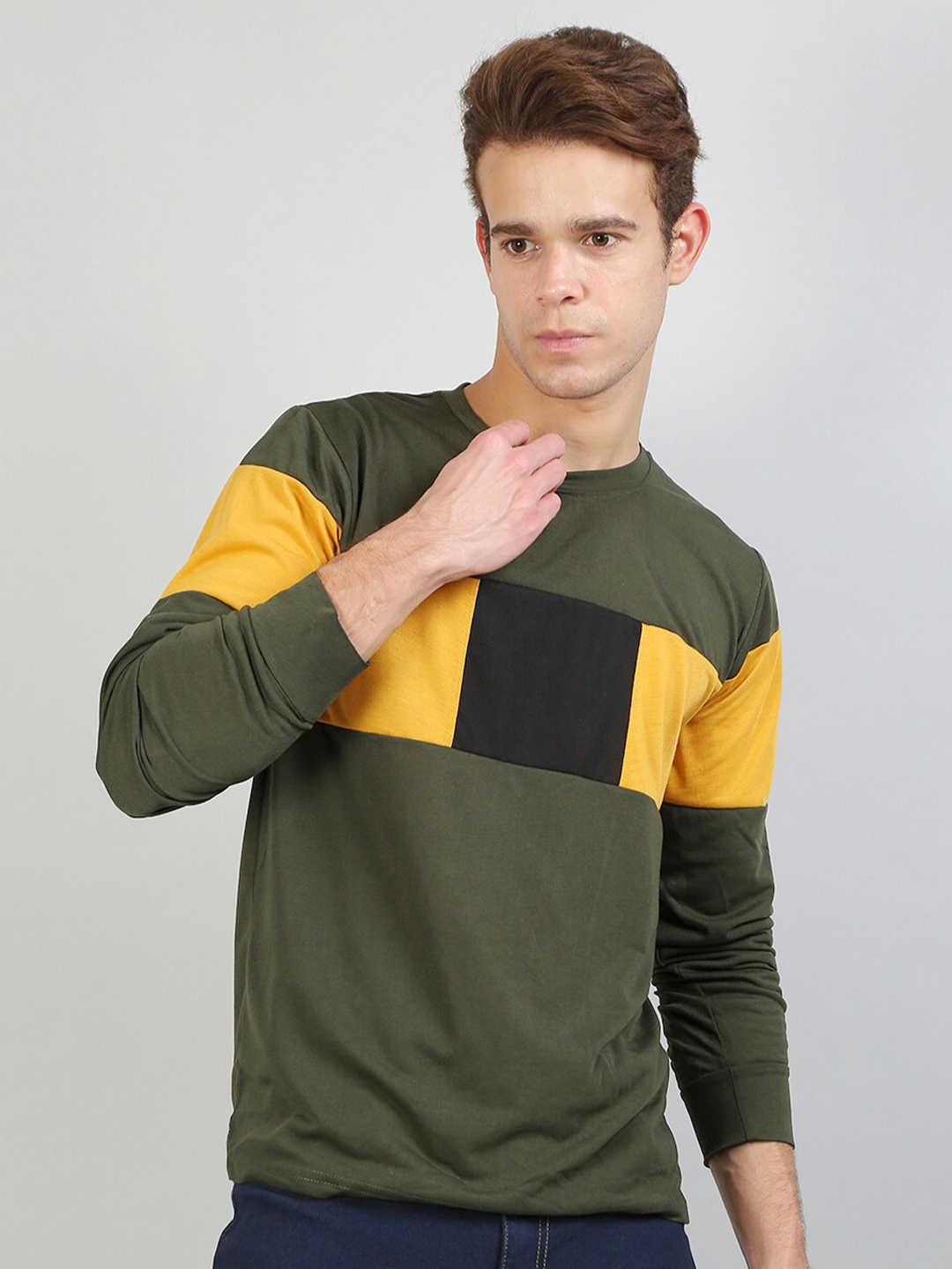 

Kushi Flyer Colourblocked Long Sleeves Casual Cotton T-shirt, Olive