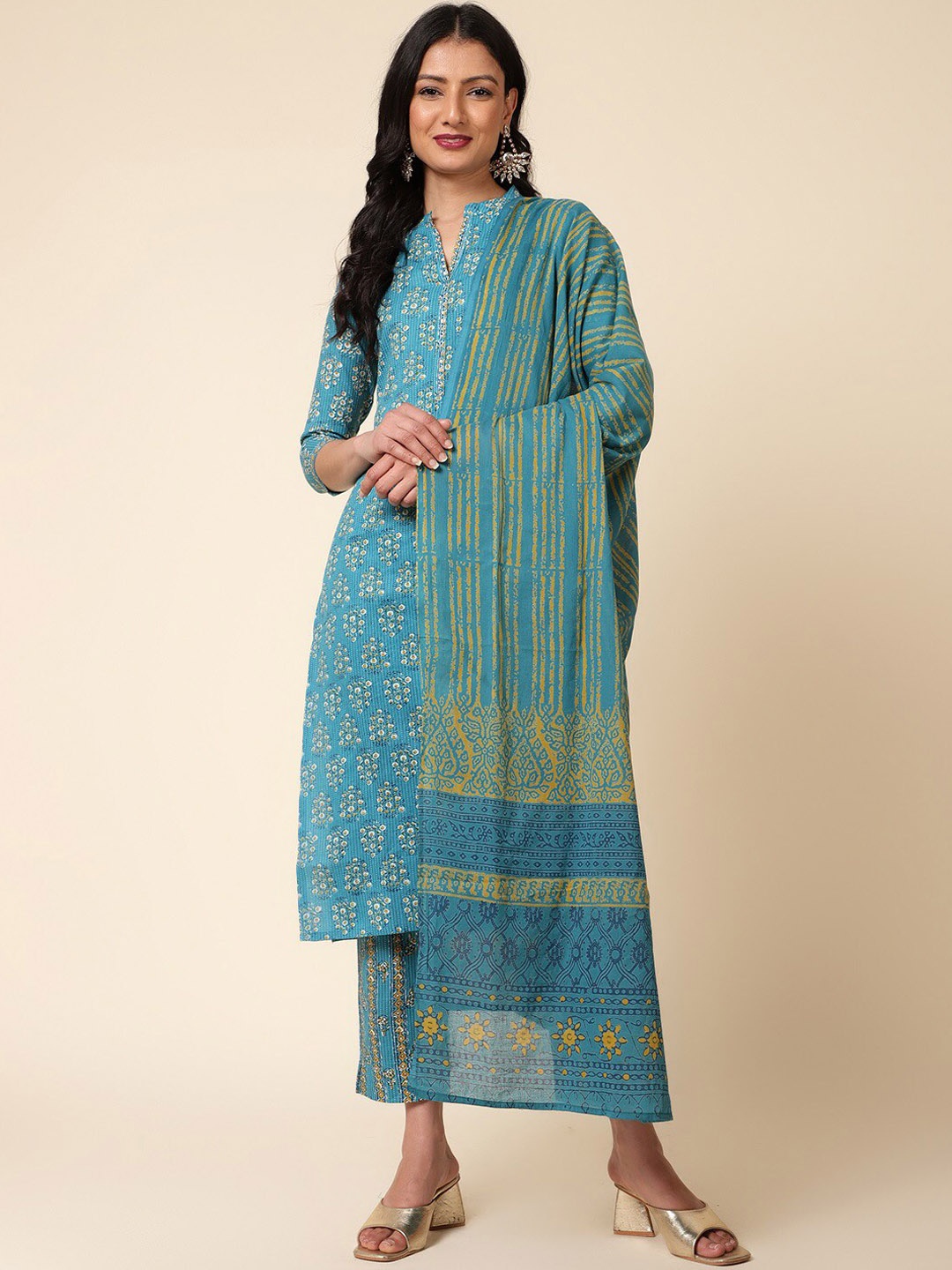 

Bani Women Floral Printed Pure Cotton Kurta with Trousers & Dupatta, Turquoise blue