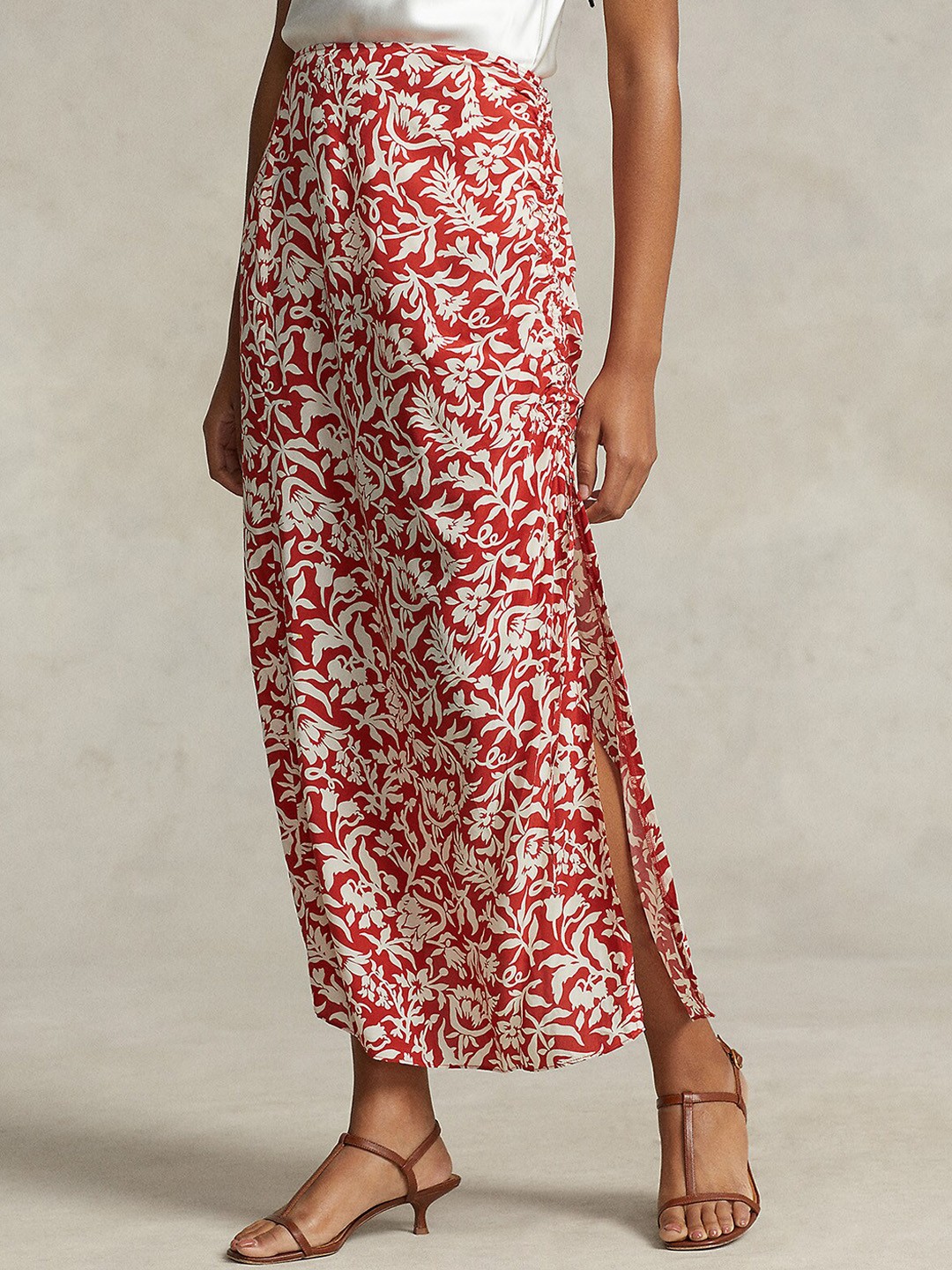 

Polo Ralph Lauren Floral Printed Pure Cotton Tie-Detail Midi A-Line Skirt, Red