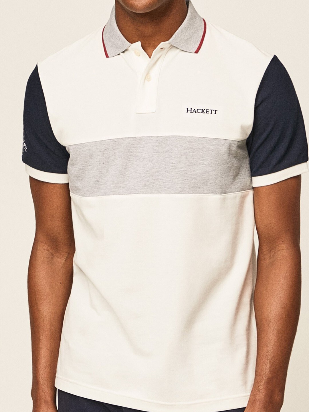 

HACKETT LONDON Colourblocked Polo Collar Pure Cotton Casual T-shirt, Off white