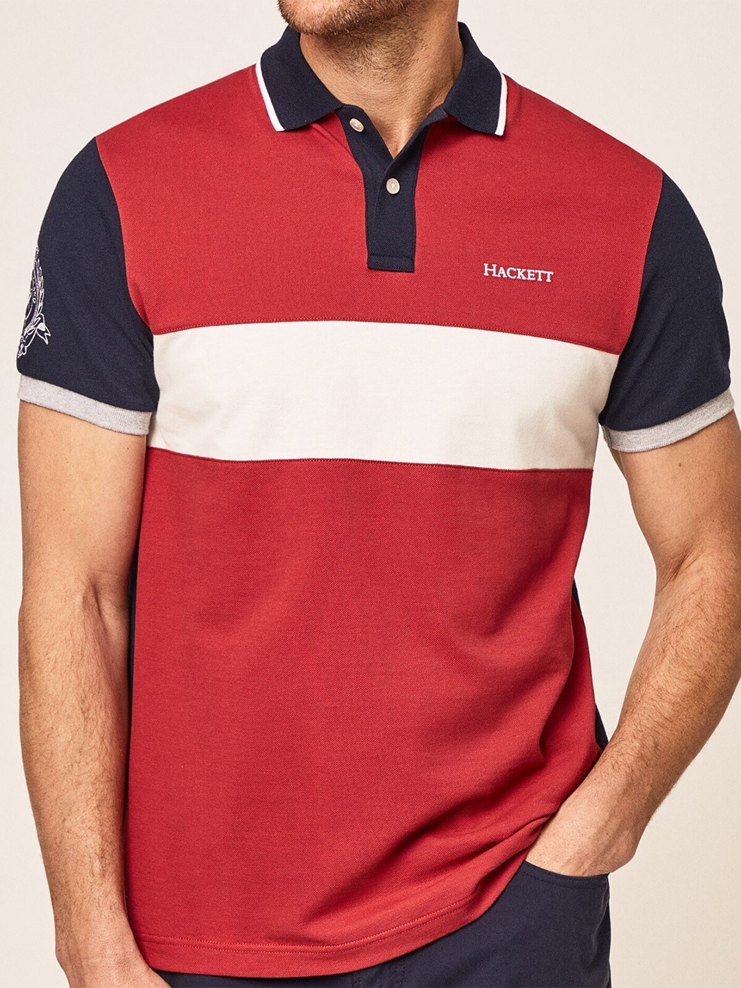 

HACKETT LONDON Colourblocked Polo Collar Pure Cotton T-Shirt, Red