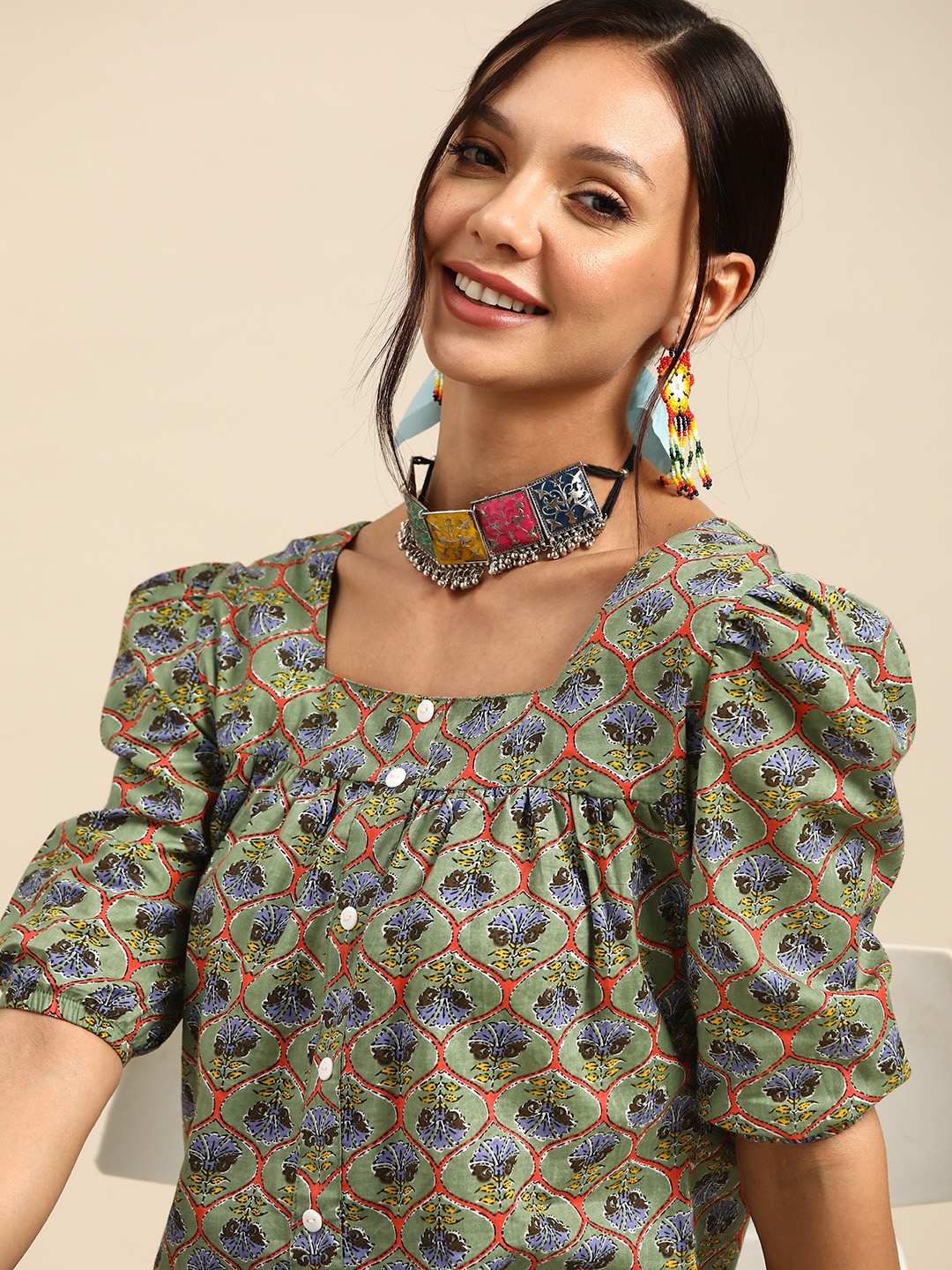 

Sangria Printed Puff Sleeve Ethnic Cotton Top, Green