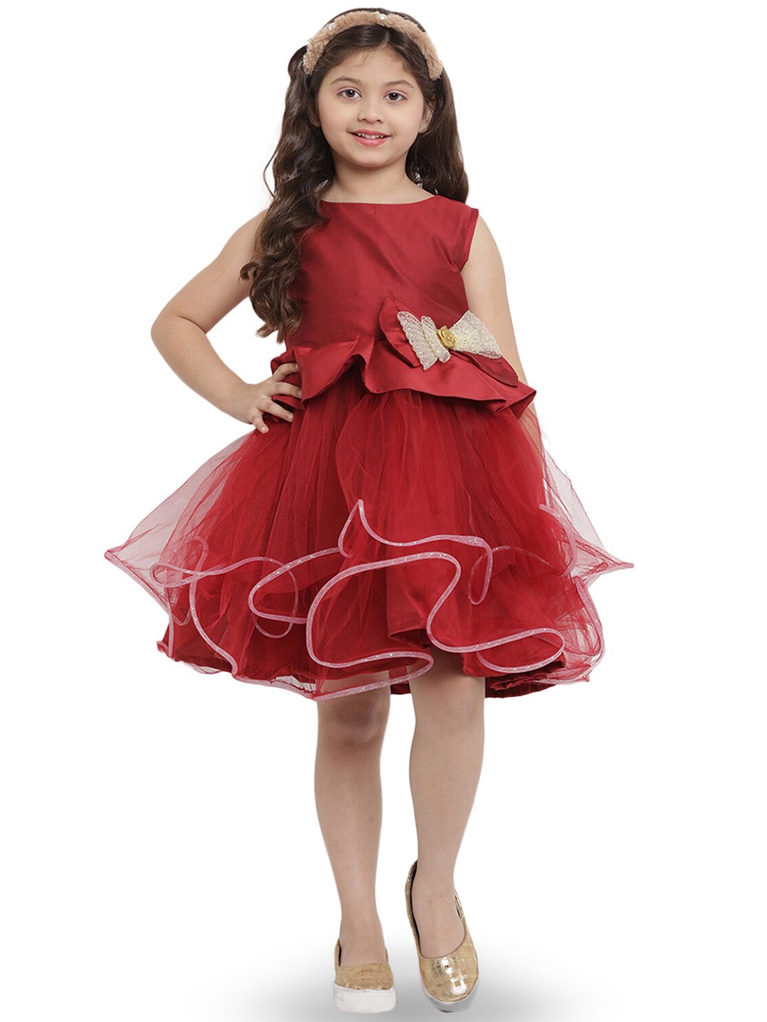 

Bitiya by Bhama Girls Layered Net Dress, Maroon