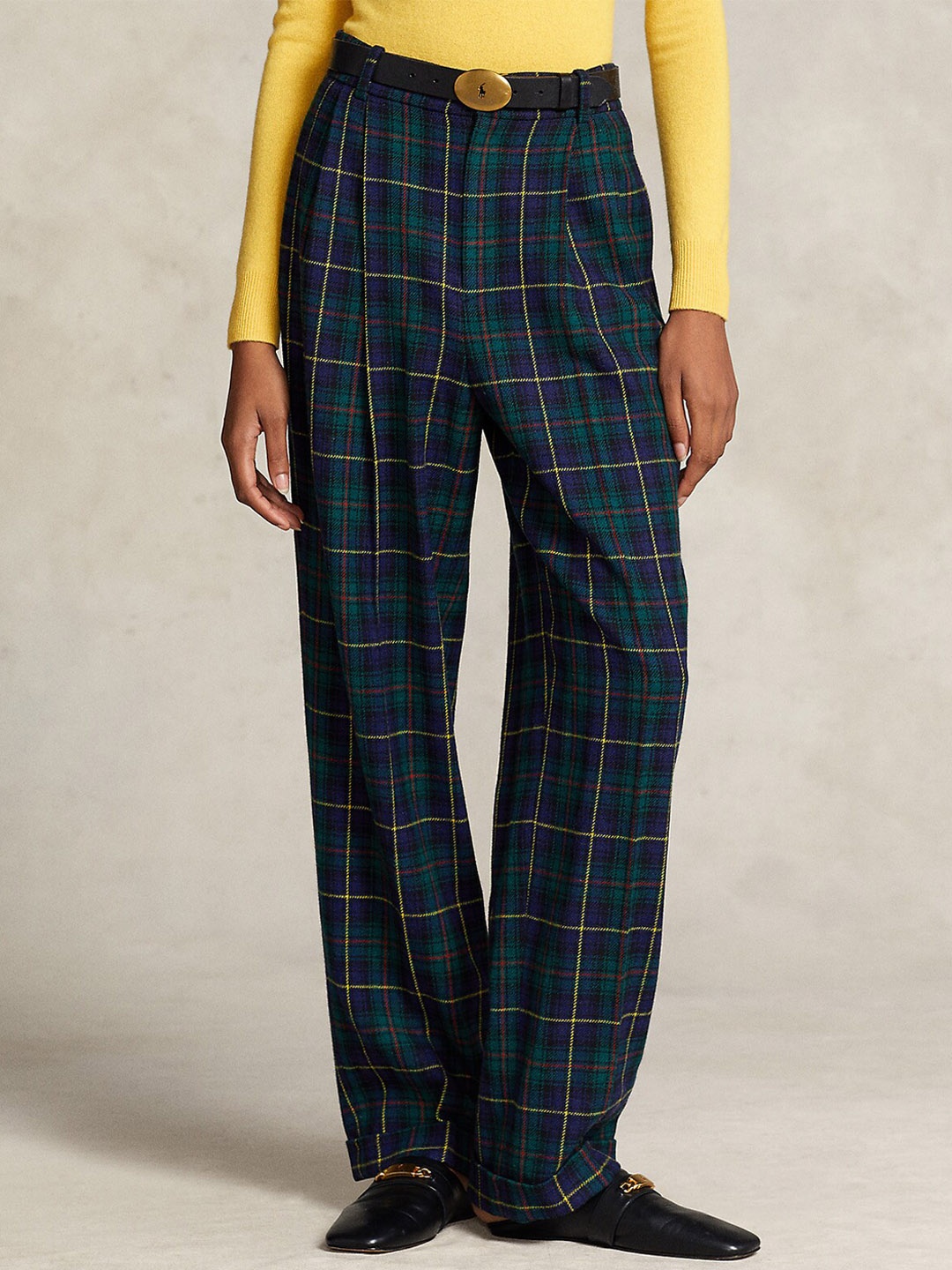 

Polo Ralph Lauren Women Mid-Rise Checked Patterned Twill Wide-Leg Trouser, Steel
